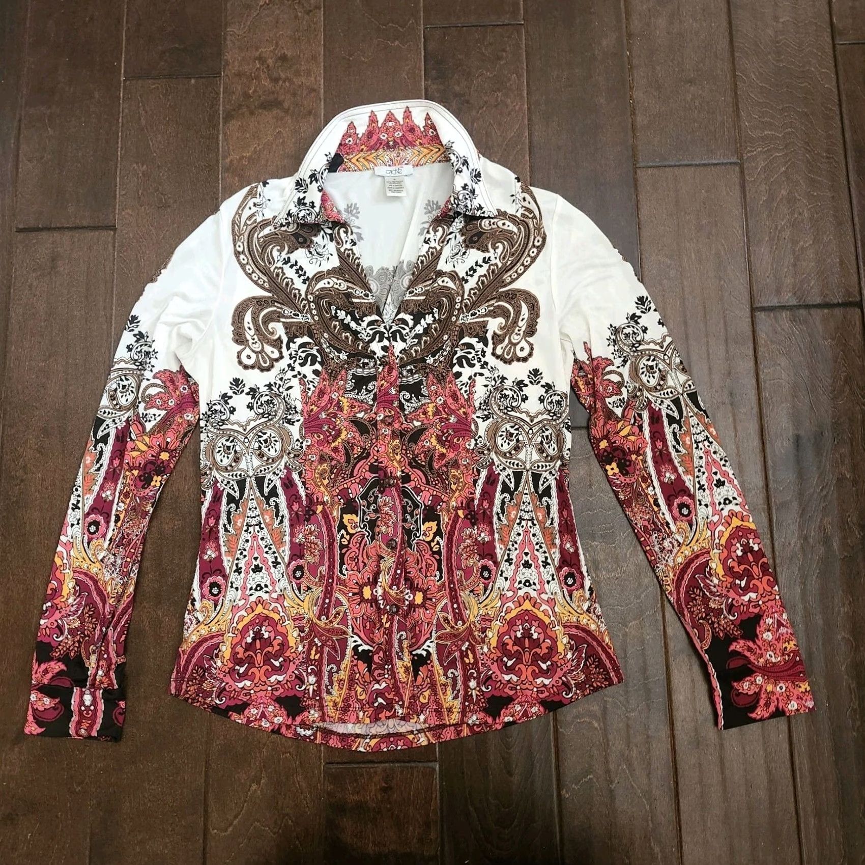 Vintage Cache Boho Paisley Blouse Womens M Long Sleeve Button Stretch Top Size M / US 6-8 / IT 42-44 - 2 Thumbnail