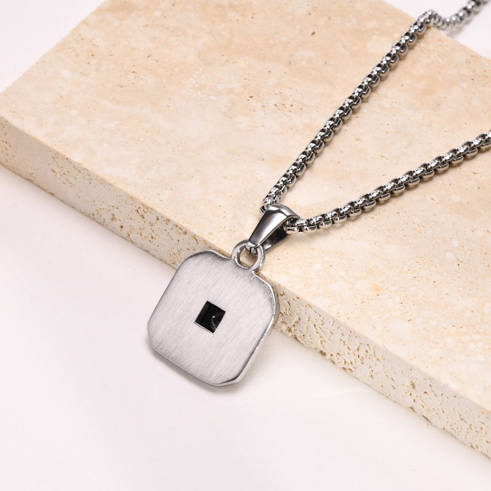 Jewelry 55cm Black Square Zircon Embossing Stainless Steel Necklace Size ONE SIZE - 2 Thumbnail