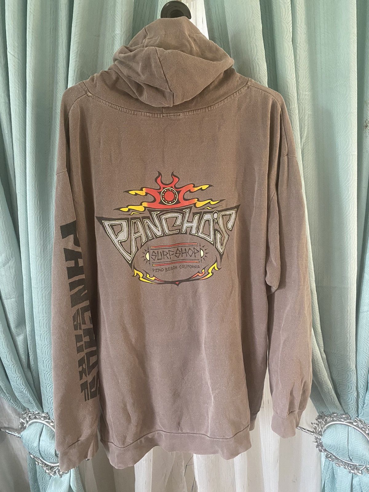 image of Surf Style x Vintage Pancho's Surf Shop Faded Grey Pizmo Beach Hoodie, Men's (Size 2XL)