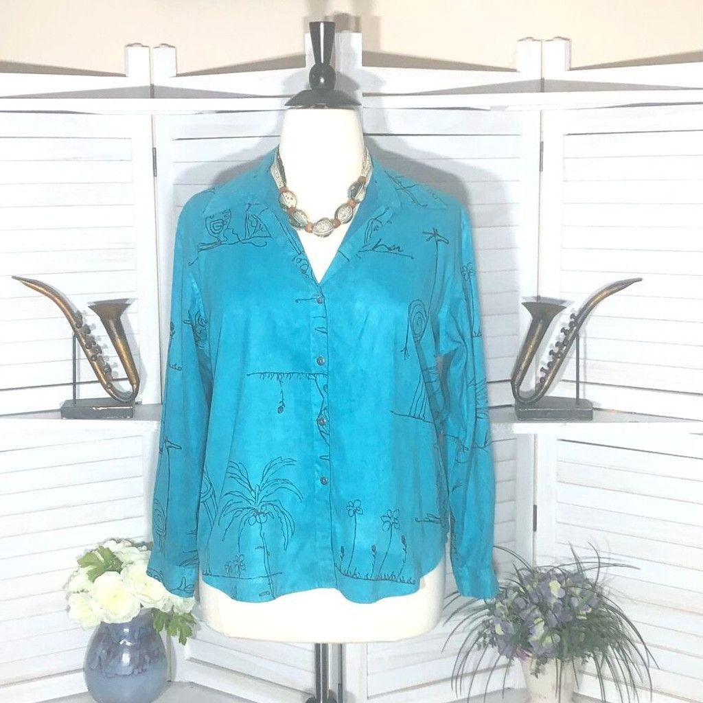 Chicos shirt teal aqua faux suede stick animal Avant Garde Sz L (3) Size L / US 10 / IT 46 - 1 Thumbnail