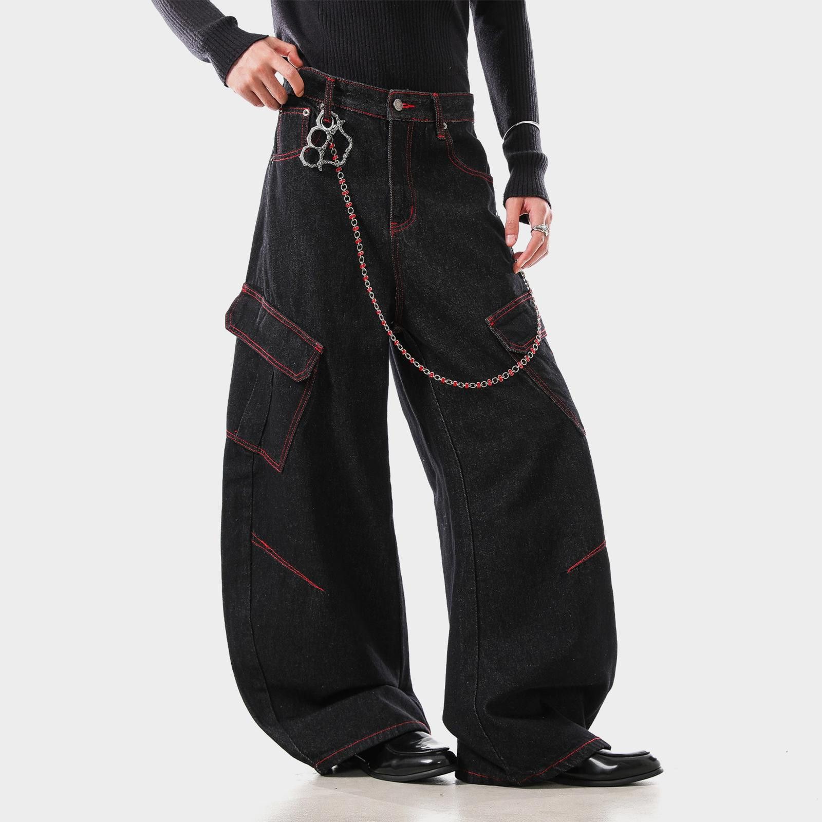 Vintage Black Wide Leg Cargo Pants with Chain Detail Size US 32 / EU 48 - 1 Thumbnail