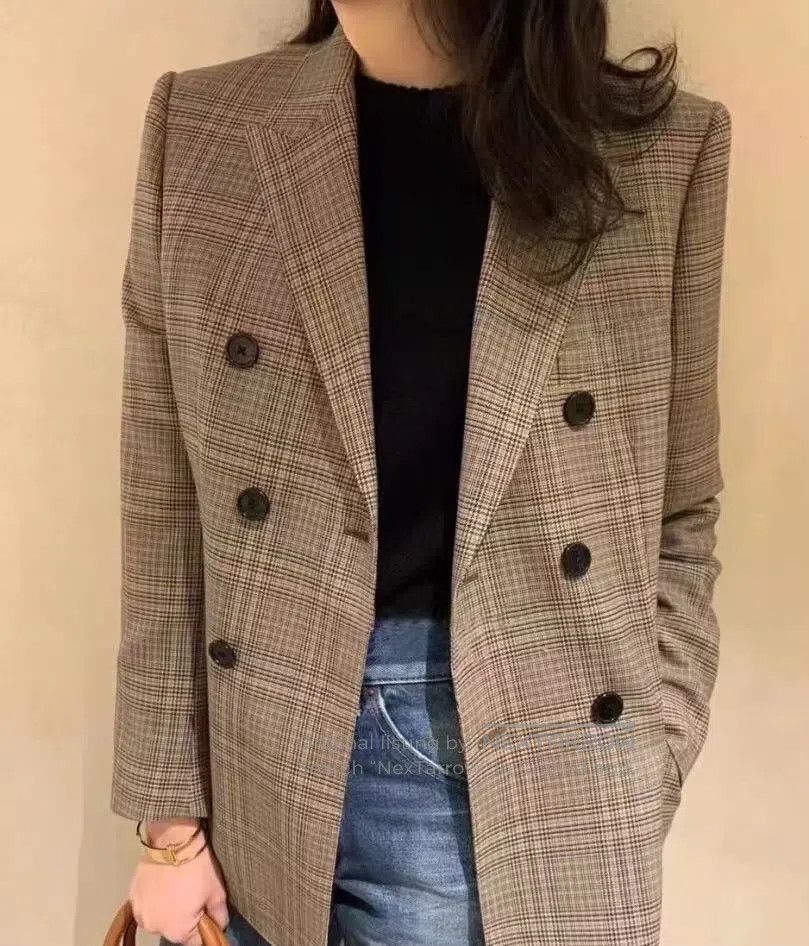 Celine CELINE Brown Plaid Wool Notched Collar Double-breasted Lon Size XXS / US 00 / IT 34 - 8 Thumbnail