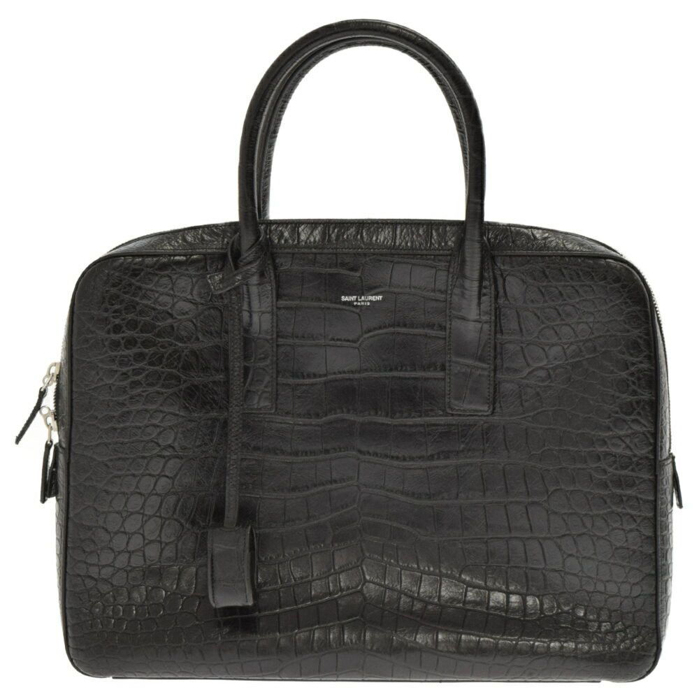 image of YVES Saint Laurent Paris Museum Crocodile Embossed Leather Briefcase Black, Women's