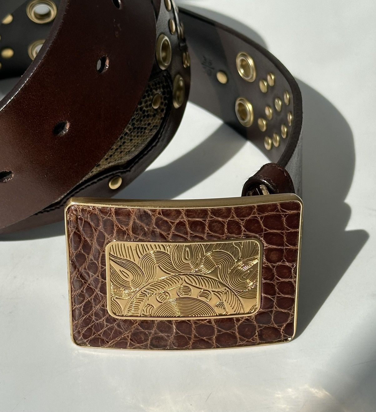 Prada Brown Leather Belt with Wooden Buckle Prada Wood Silver Belt buckle Tan Webbed Leather Trim  main image 3