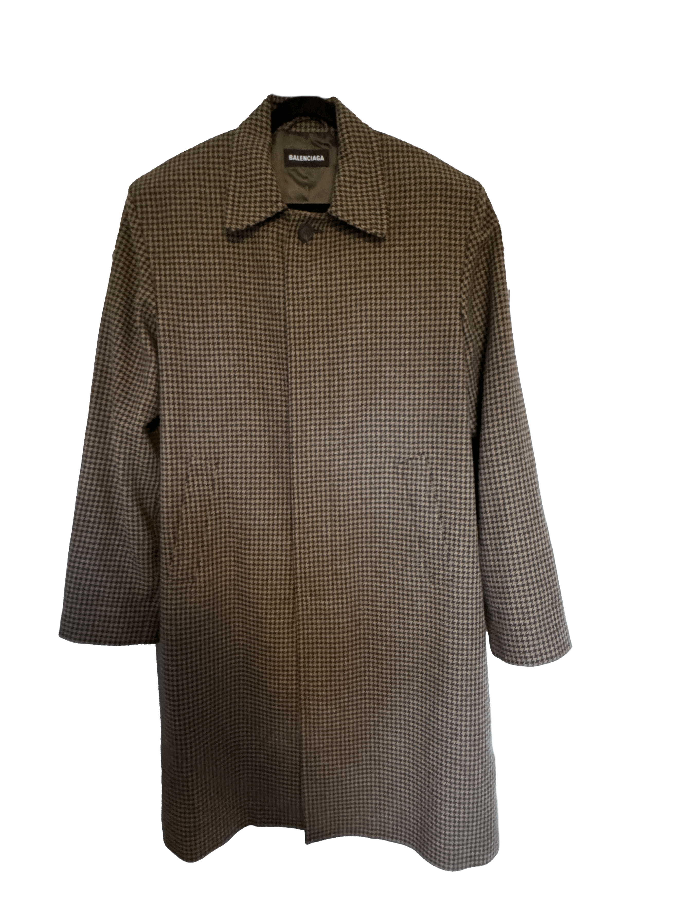 image of Balenciaga Virgin Wool Houndstooth Balmacaan Coat in Brown Tan, Men's (Size Small)