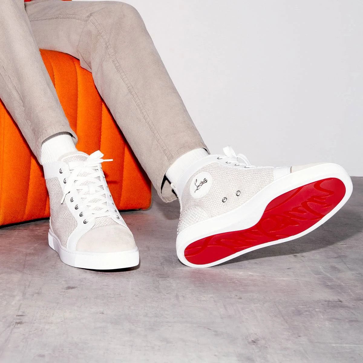 Christian Louboutin os11x1224 Louis Orlato Leather High-Top Sneakers White/Beige Size US 12 / EU 45 - 3 Thumbnail