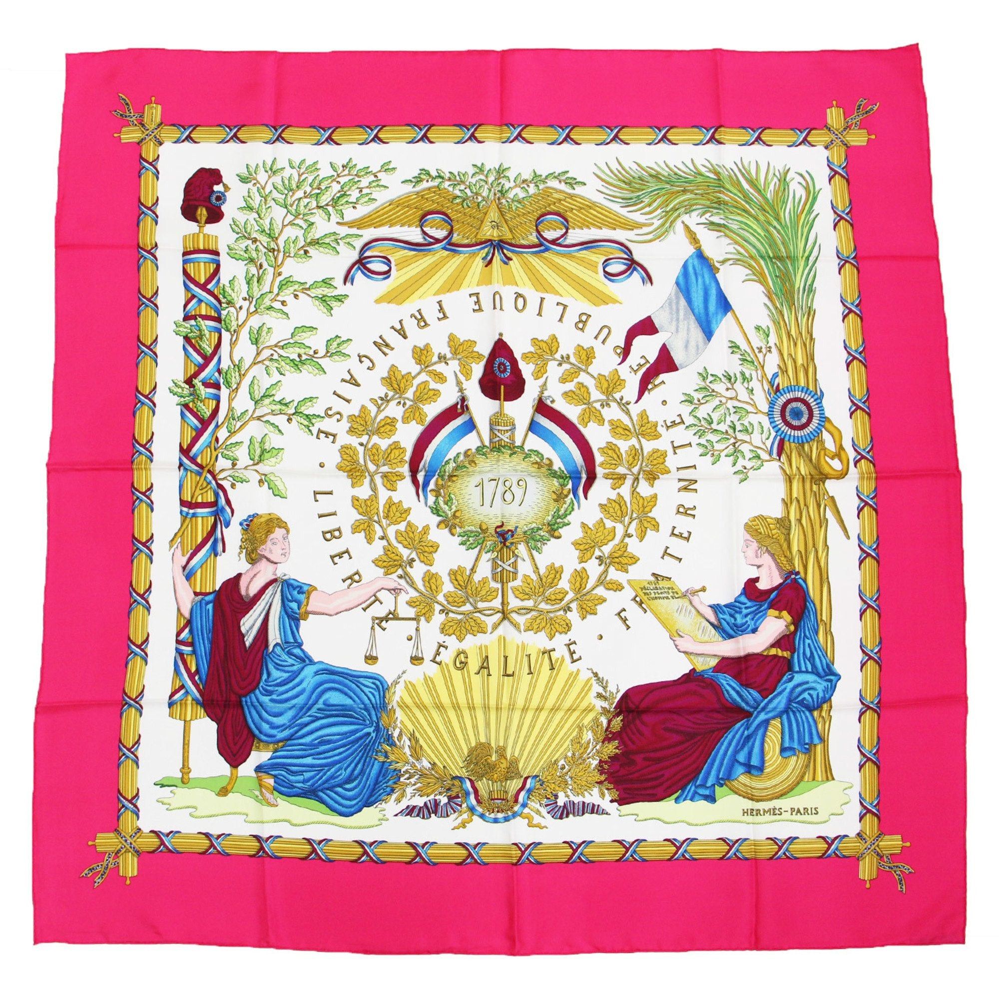 image of Hermes Muffler/scarf Large Pink White Square Print Silk Carre90 Liberte Egalite Fraternite Republiq