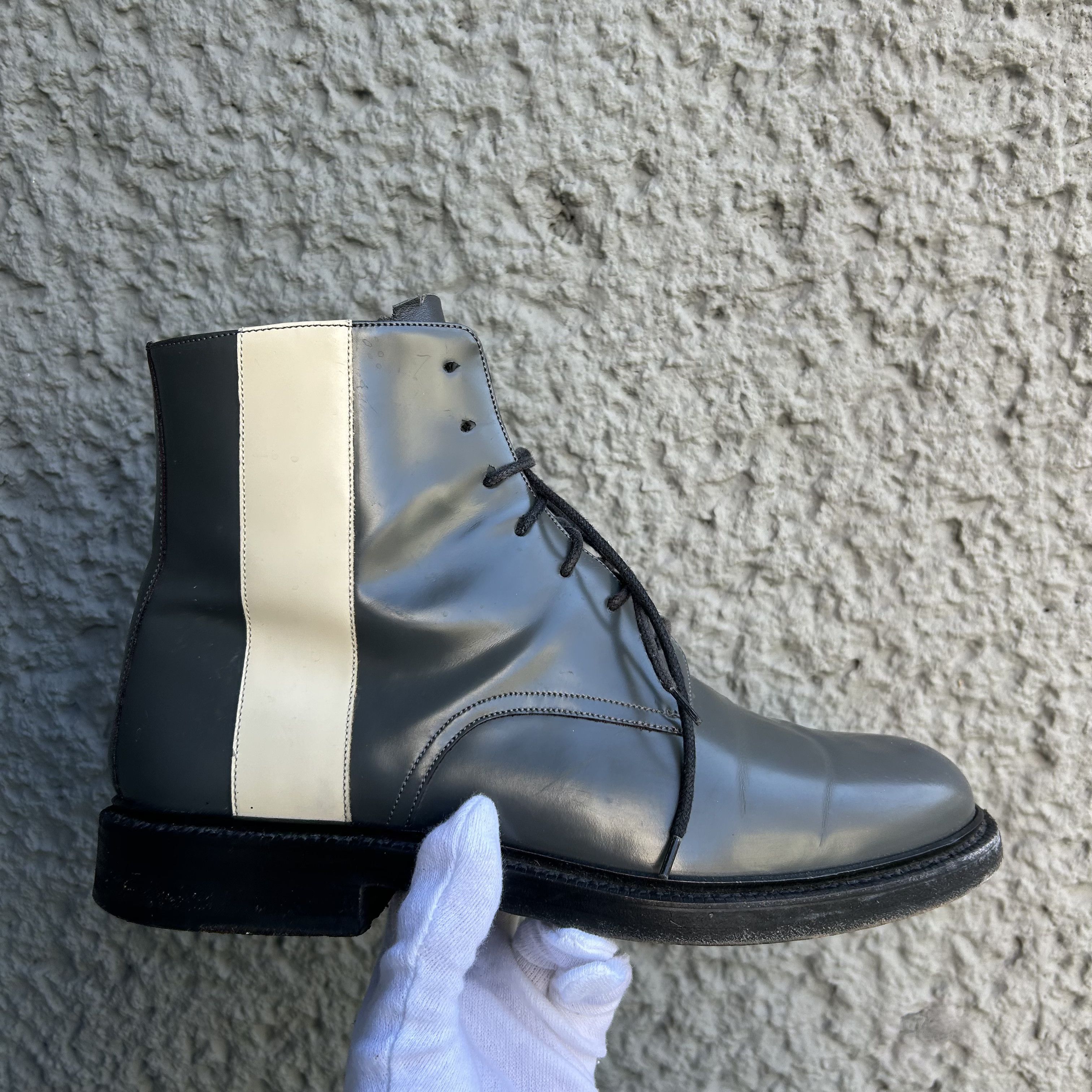 CK205 Grey/Cream Patent Leather Combat Boots Shoes
