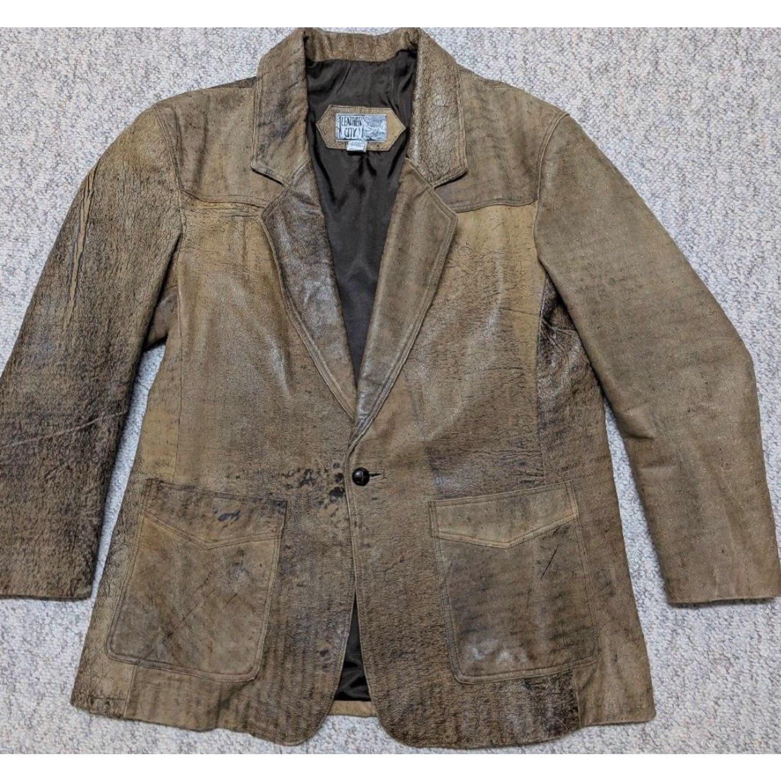 Vintage VINTAGE Leather CITY Western blazer Jacket XL 46 Brown Patina Distressed Mens Size 46R - 7 Thumbnail