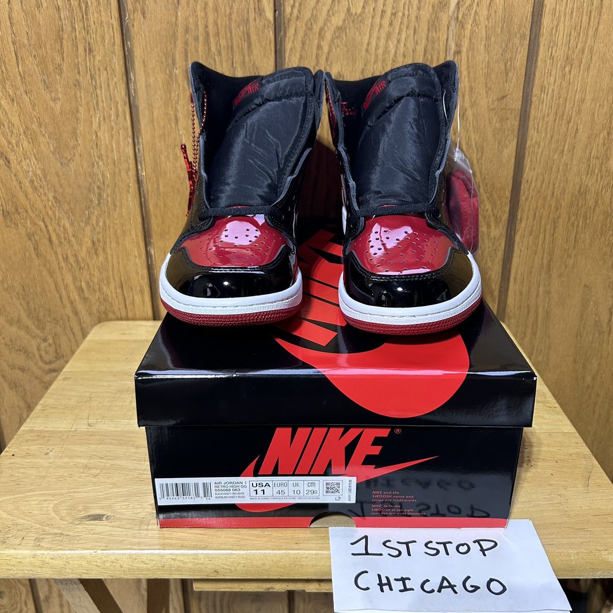Designer × Jordan Brand × Nike Nike Air Jordan 1 Retro High Patent Leather Bred Size 11 NEW Size US 11 / EU 44 - 2 Thumbnail