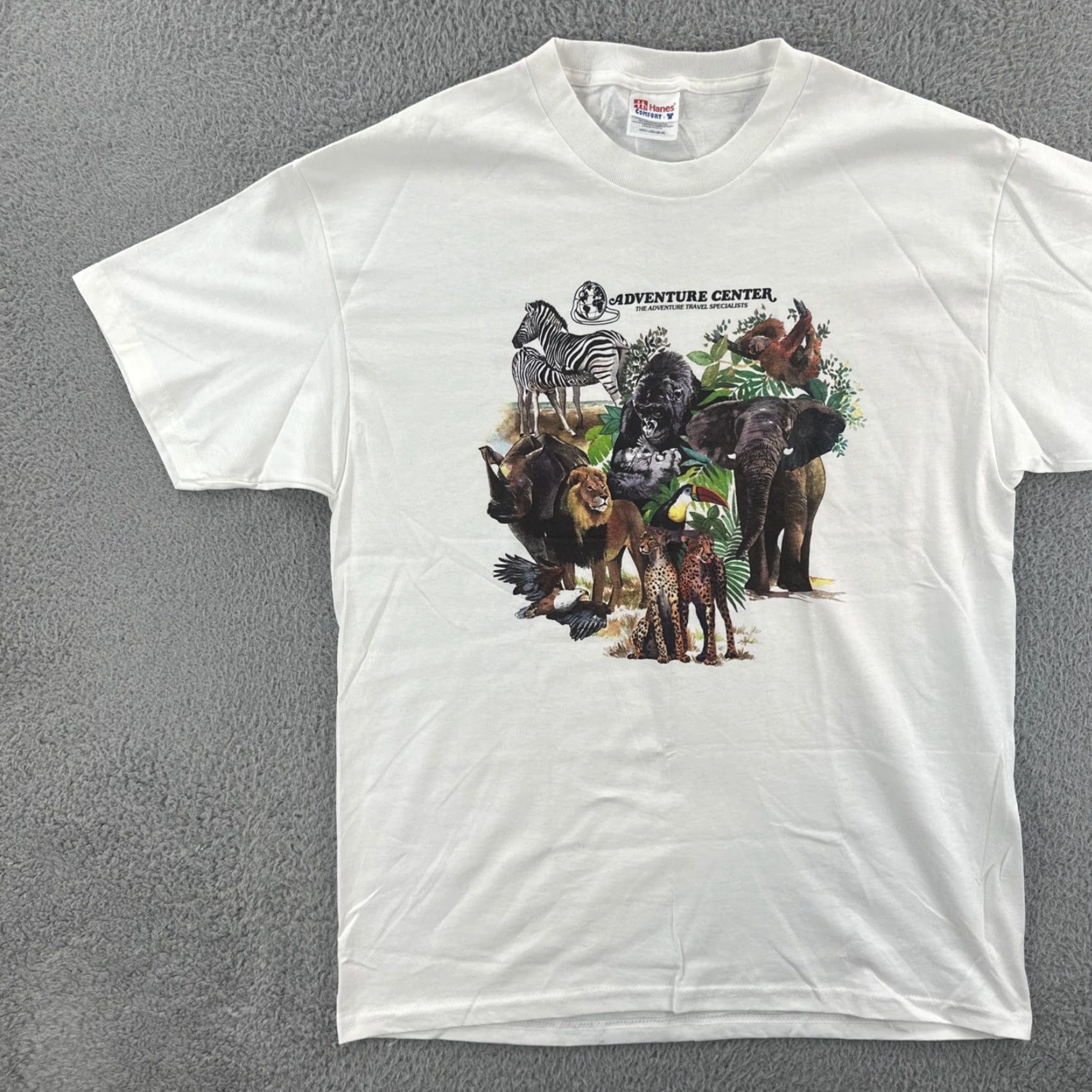 Hanes VINTAGE Hanes Comfort-T Mens L White T Shirt 90s African Animal Graphic Print Size US L / EU 52-54 / 3 - 3 Thumbnail