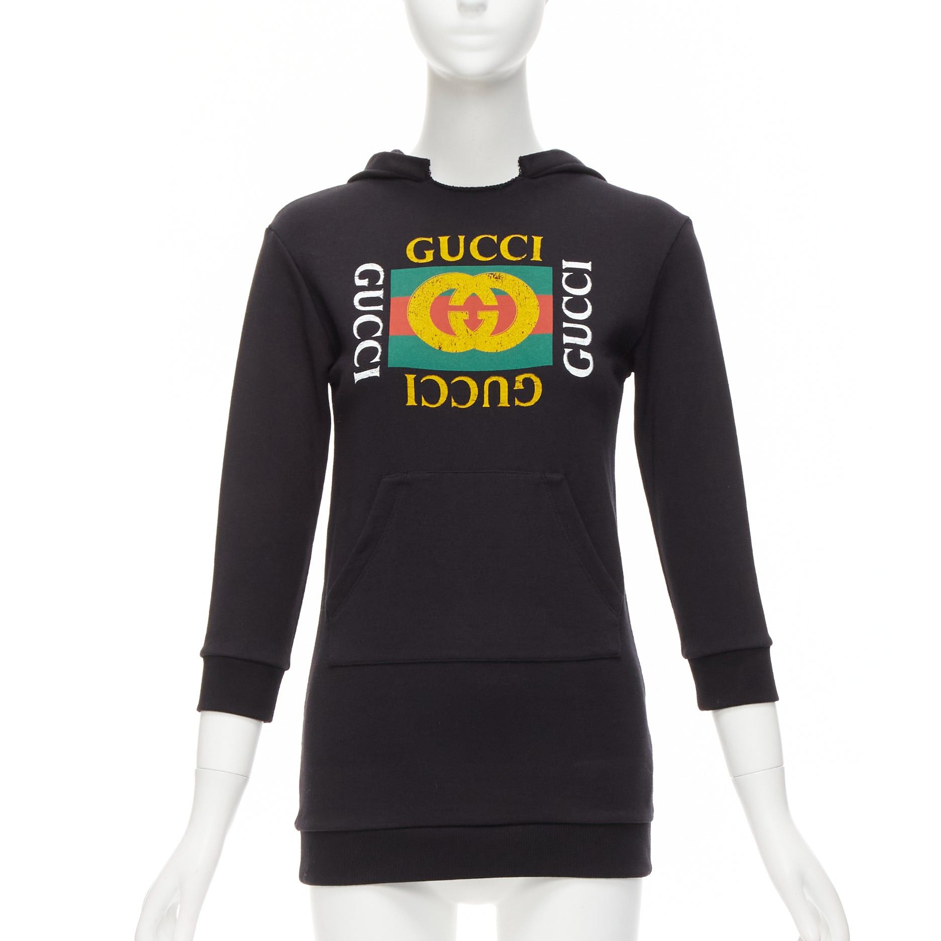 image of Gucci Kids Alessandro Michele Vintage Box Logo Black Hoodie 8Y Xs in Yellow