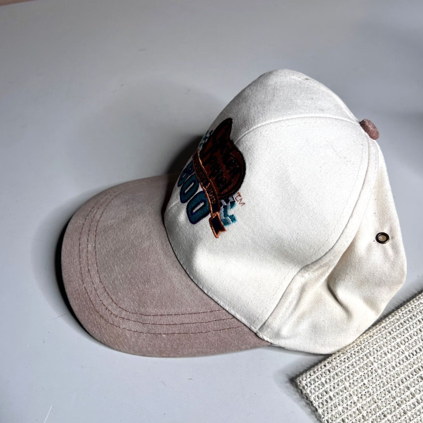 NASCAR VINTAGE Cracker Barrel 500 NASCAR Hat Cream Tan Suede Brim Leather Strap Cap Men One Size Ivory Canvas Adjustable Bre breathable 90s? Size ONE SIZE - 6 Thumbnail