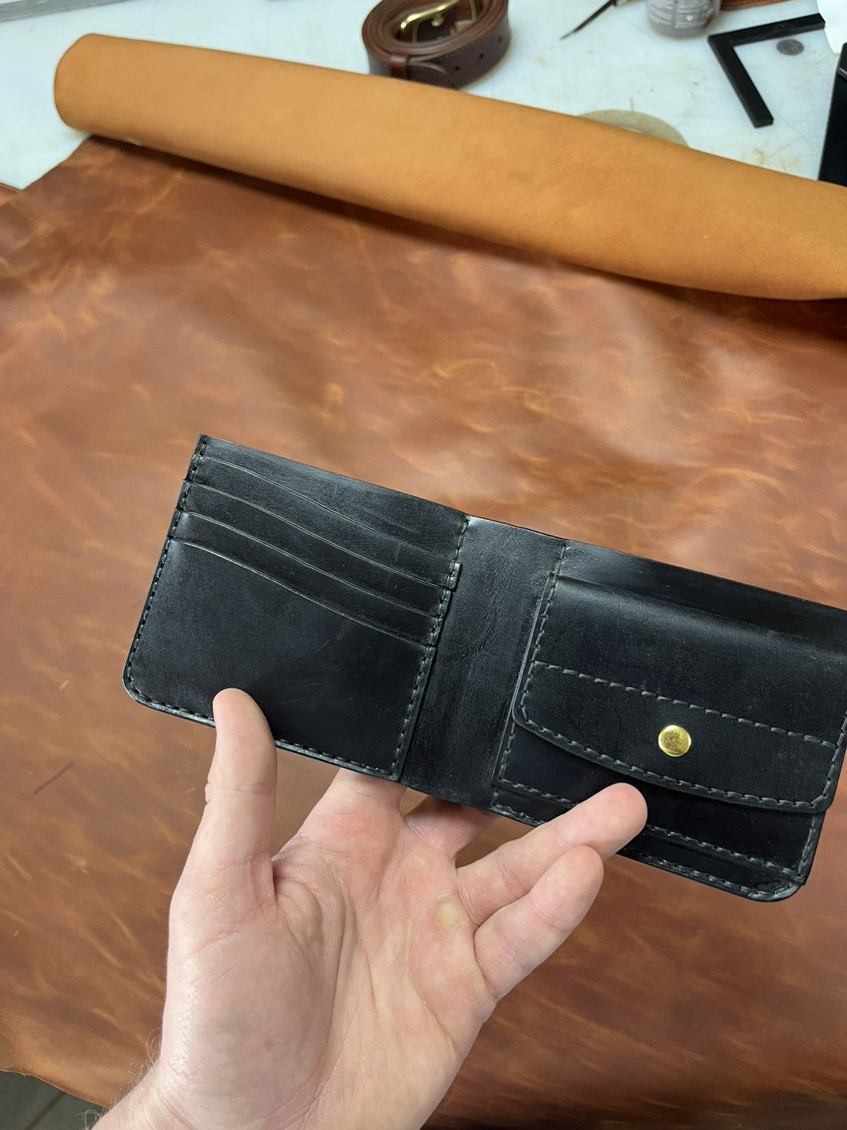 Other Handmade Black Leather Wallet Bifold Card Holder Coin Pocket Size ONE SIZE - 3 Thumbnail