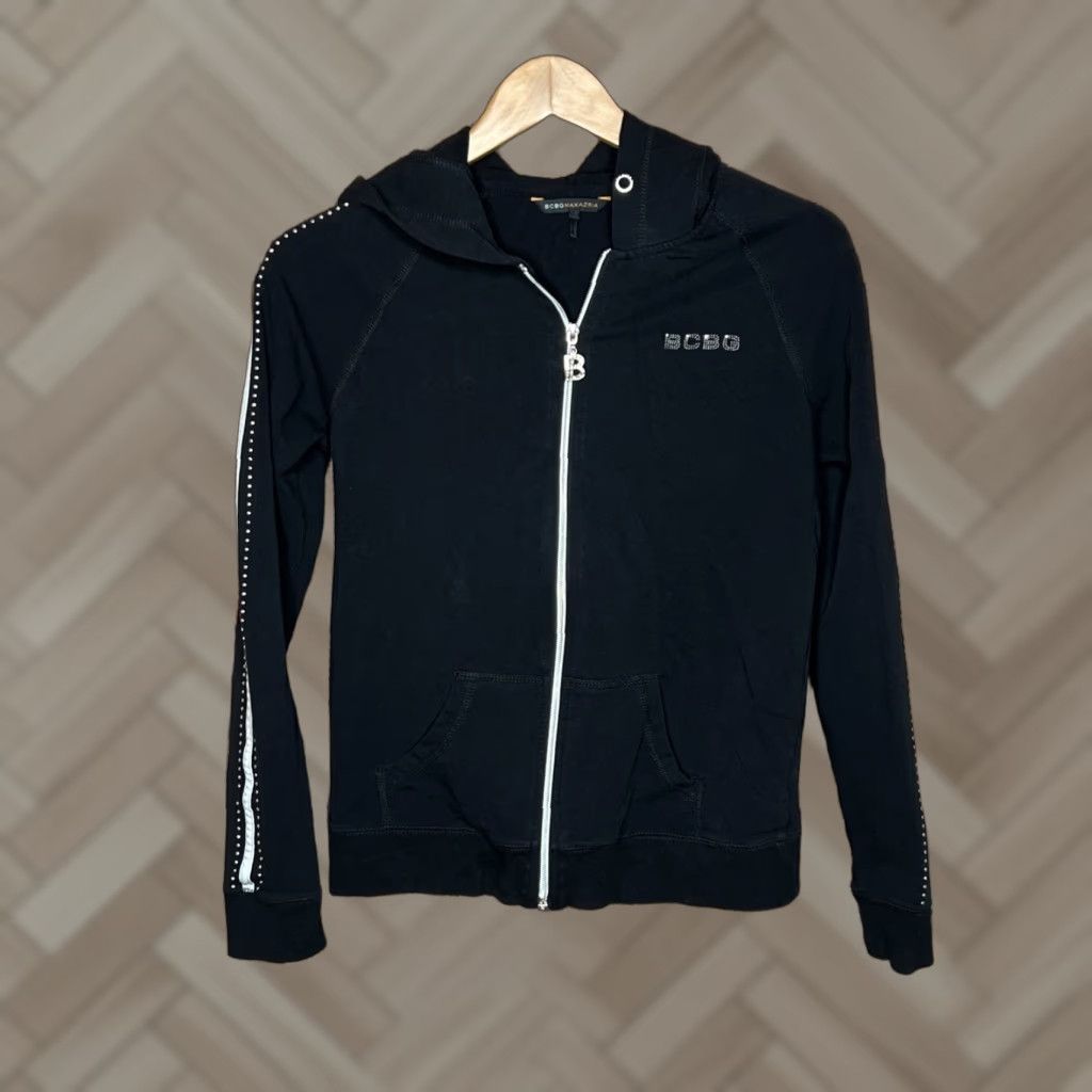 Bcbgmaxazria VINTAGE BCBGMAXAZRIA Hoodie Women S Black Full Zip Hooded Pockets Rhinestone Grunge 90s Size S / US 4 / IT 40 - 1 Thumbnail