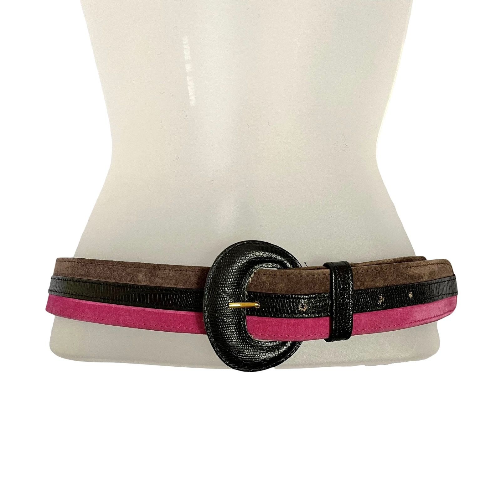 Jaeger × Vintage Vintage Jaeger Striped Pink Brown Suede Black Leather Belt Size 30 - 7 Thumbnail