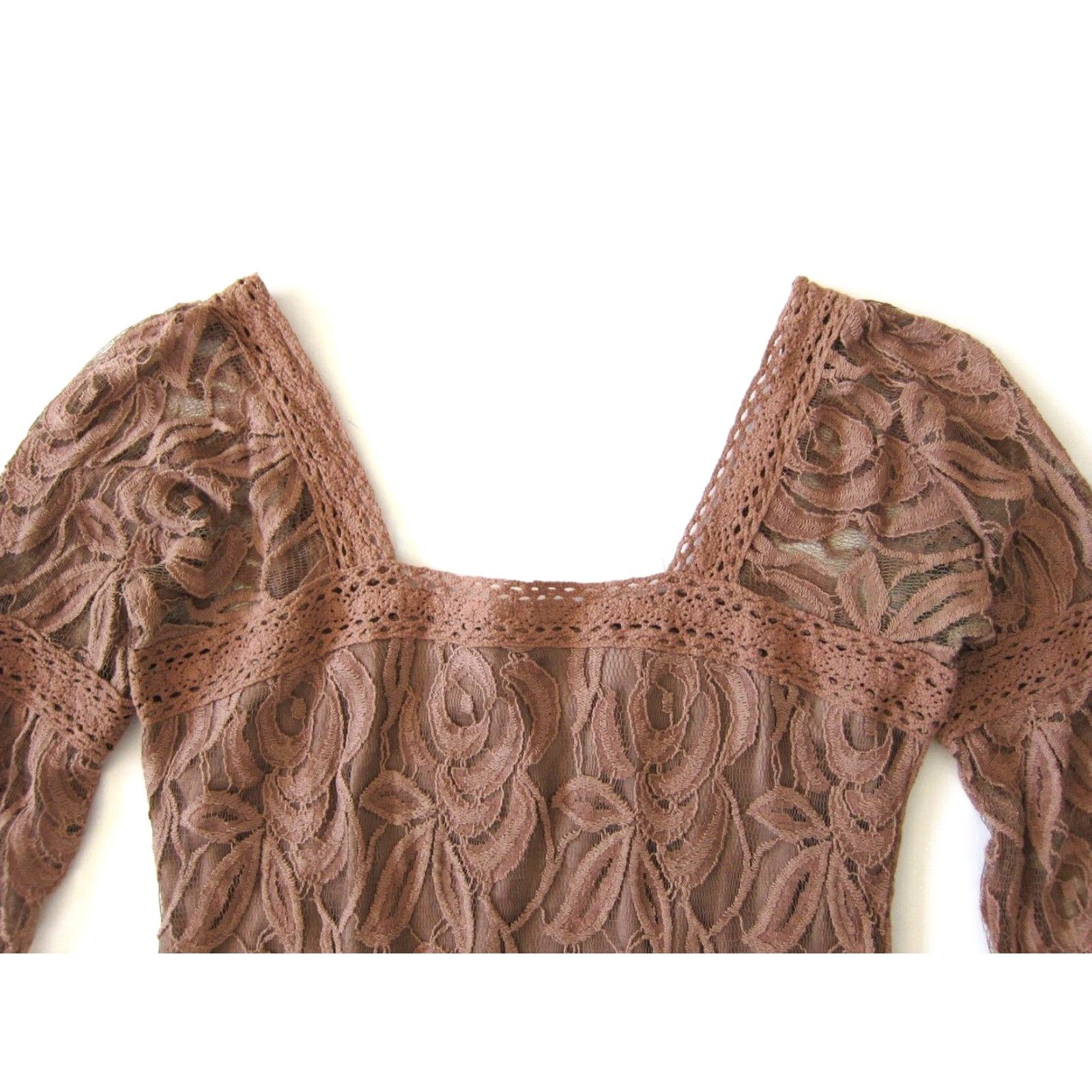 Vintage Solitaire Ravi Khosla Brown Crochet Lace Square Neck 3/4 Sleeve Tunic Dress M Size M / US 6-8 / IT 42-44 - 3 Thumbnail