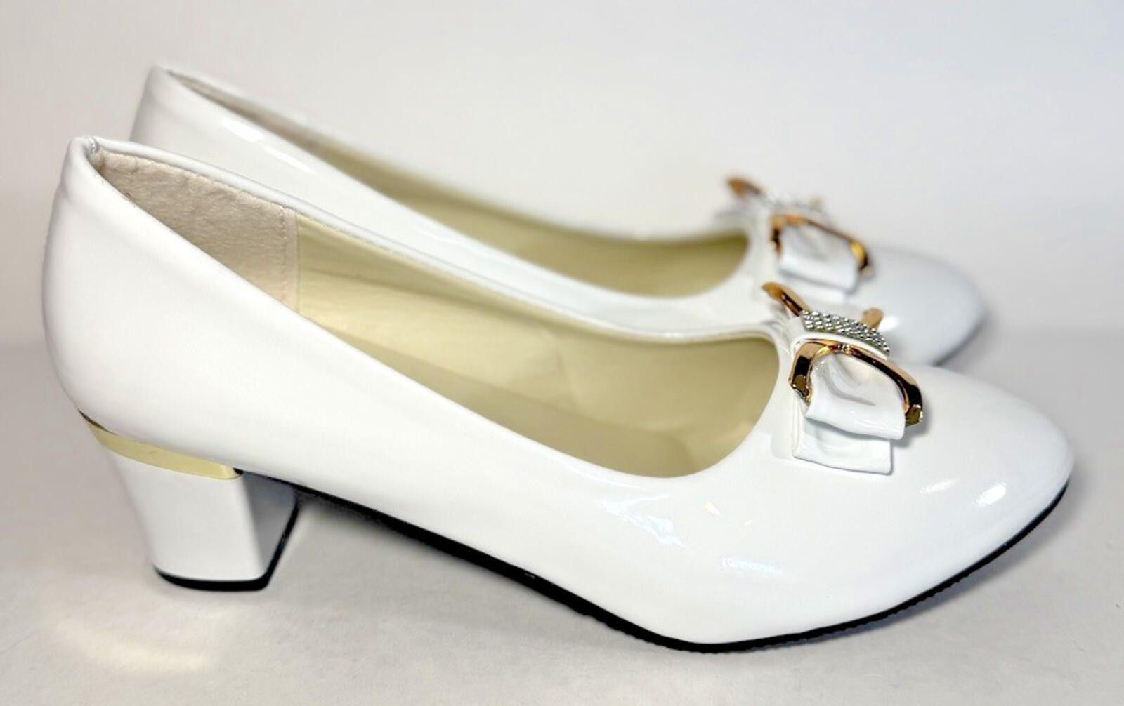 Other MING KE Heel Pumps Slip on Gold Bow Rhinestone Shoes White Size US 10 / IT 40 - 1 Thumbnail