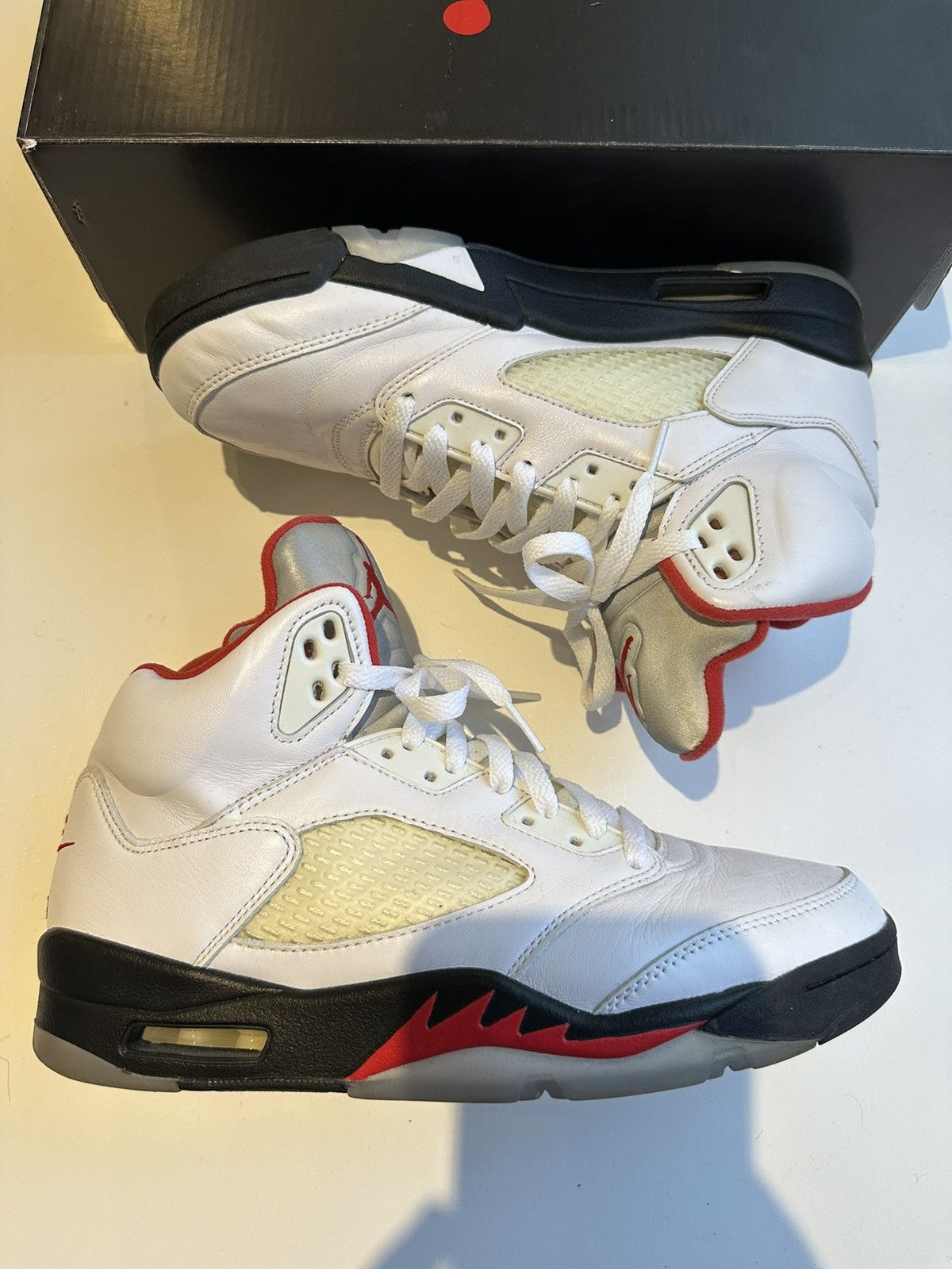 image of Jordan Brand 5 Retro Fire Red Silver Tongue (2020) Shoes in White, Men's (Size 9)