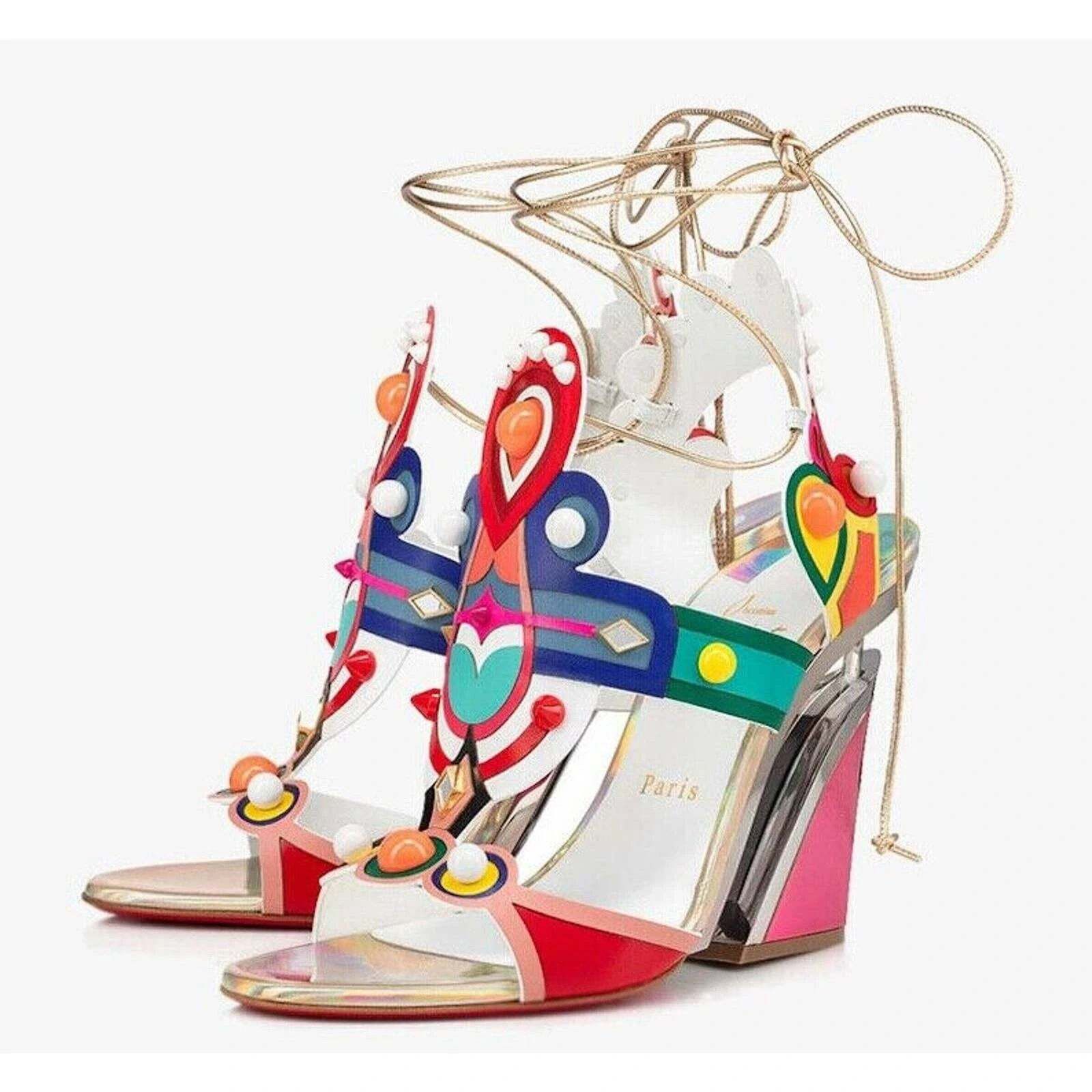 Christian Louboutin Papagaya Levita 100 Multicolor Lace Up Wedge Sandal Heel 37 Size US 7 / IT 37 - 1 Thumbnail