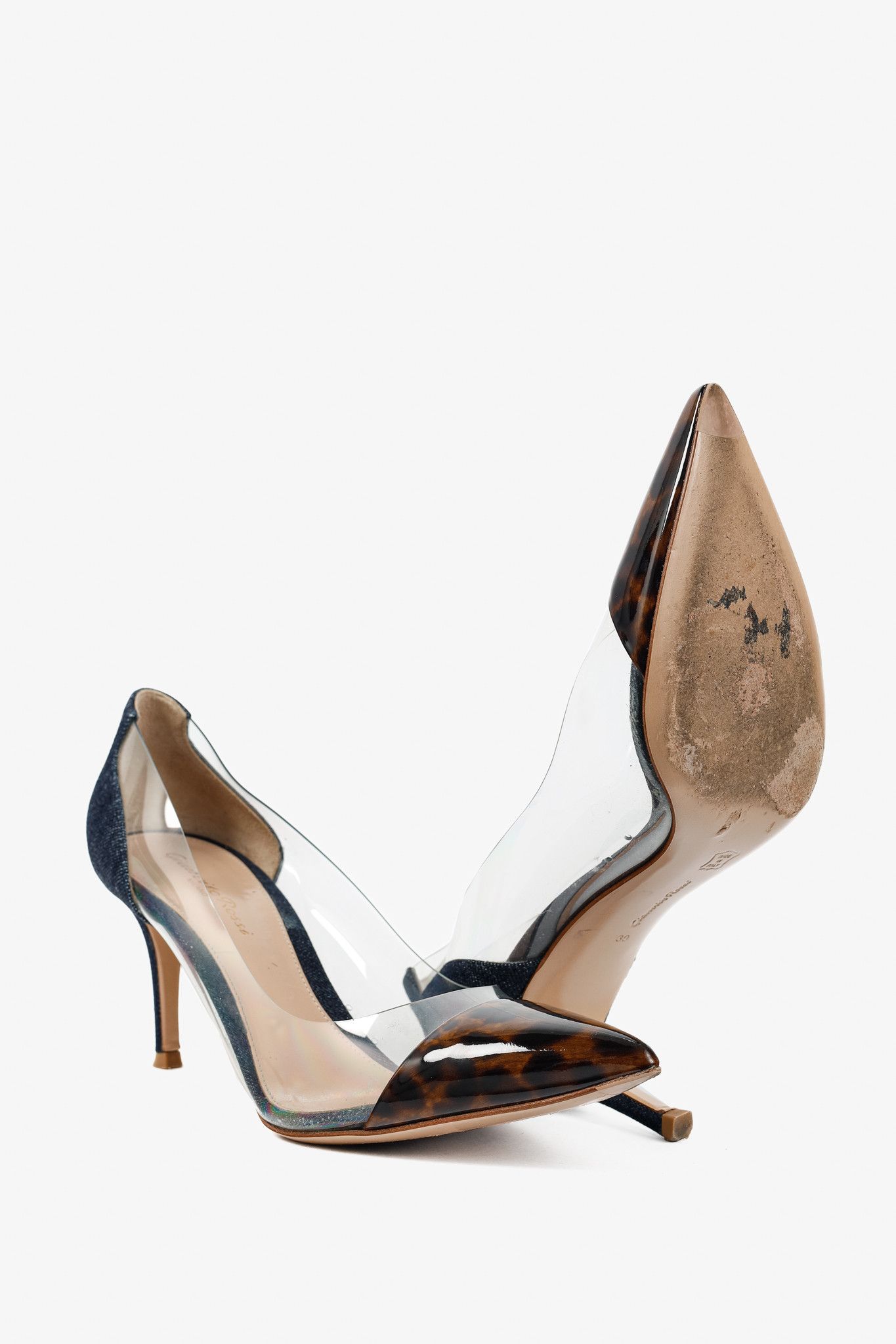 Gianvito Rossi Gianvito Rossi Plexi 70 Denim & Patent Leopard Heels Size US 8.5 / IT 38.5 - 4 Thumbnail