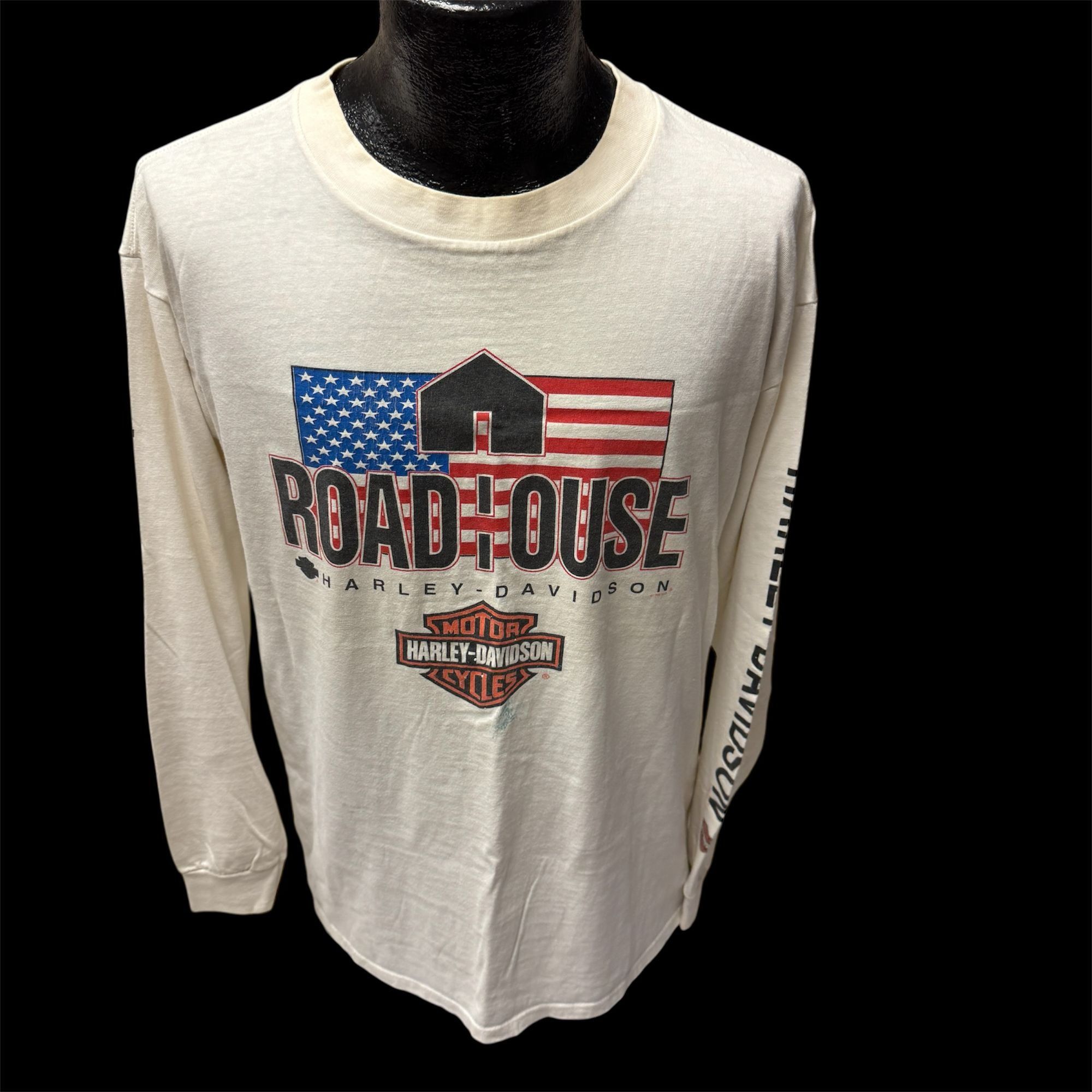 Harley Davidson 90's H-D USA FLAG L/S Spellout Milwaukee WI ROAD HOUSE 1999 Size US XL / EU 56 / 4 - 3 Thumbnail