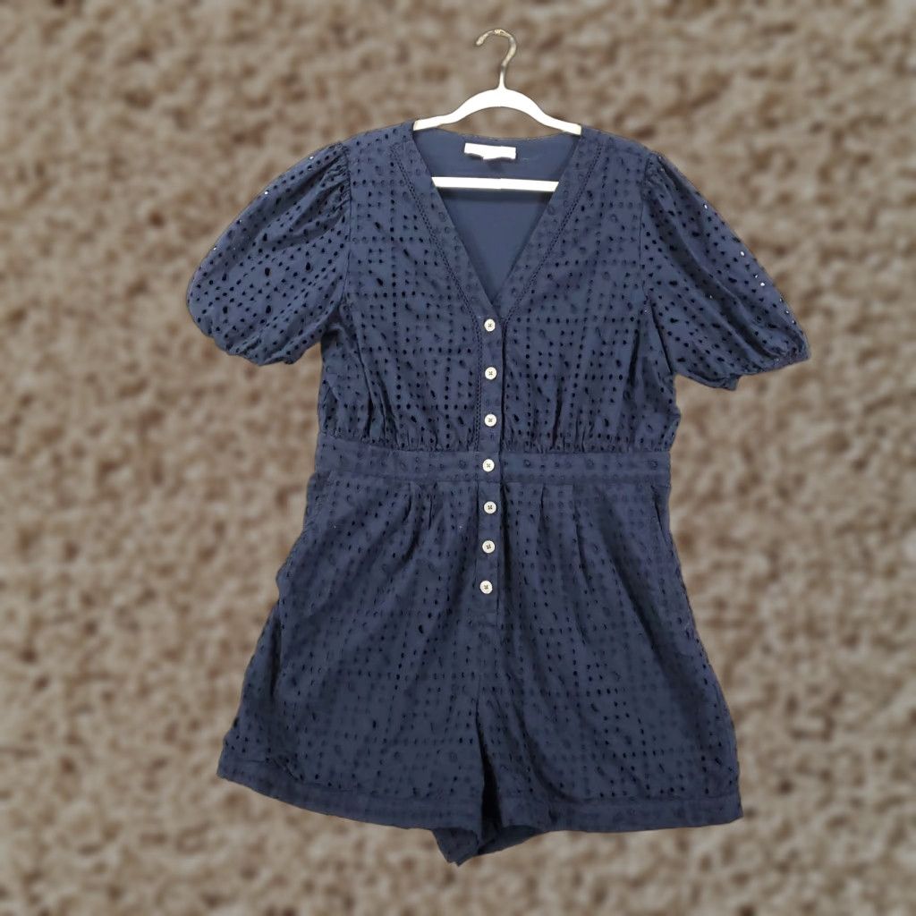 Loft LOFT Womens Romper Size 14 Blue Short Sleeve Button Front Cutouts Pockets 1 Piece Casual Travel Vintage: No Size 36" / US 14 / IT 50 - 1 Thumbnail