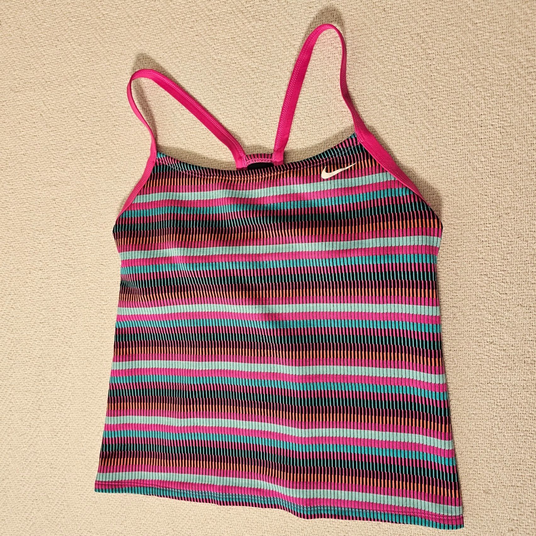 Nike Nike Women's Textured Stripe Racerback Tankini Top Petite Pink Fire/Multicolor S Size S / US 4 / IT 40 - 6 Thumbnail
