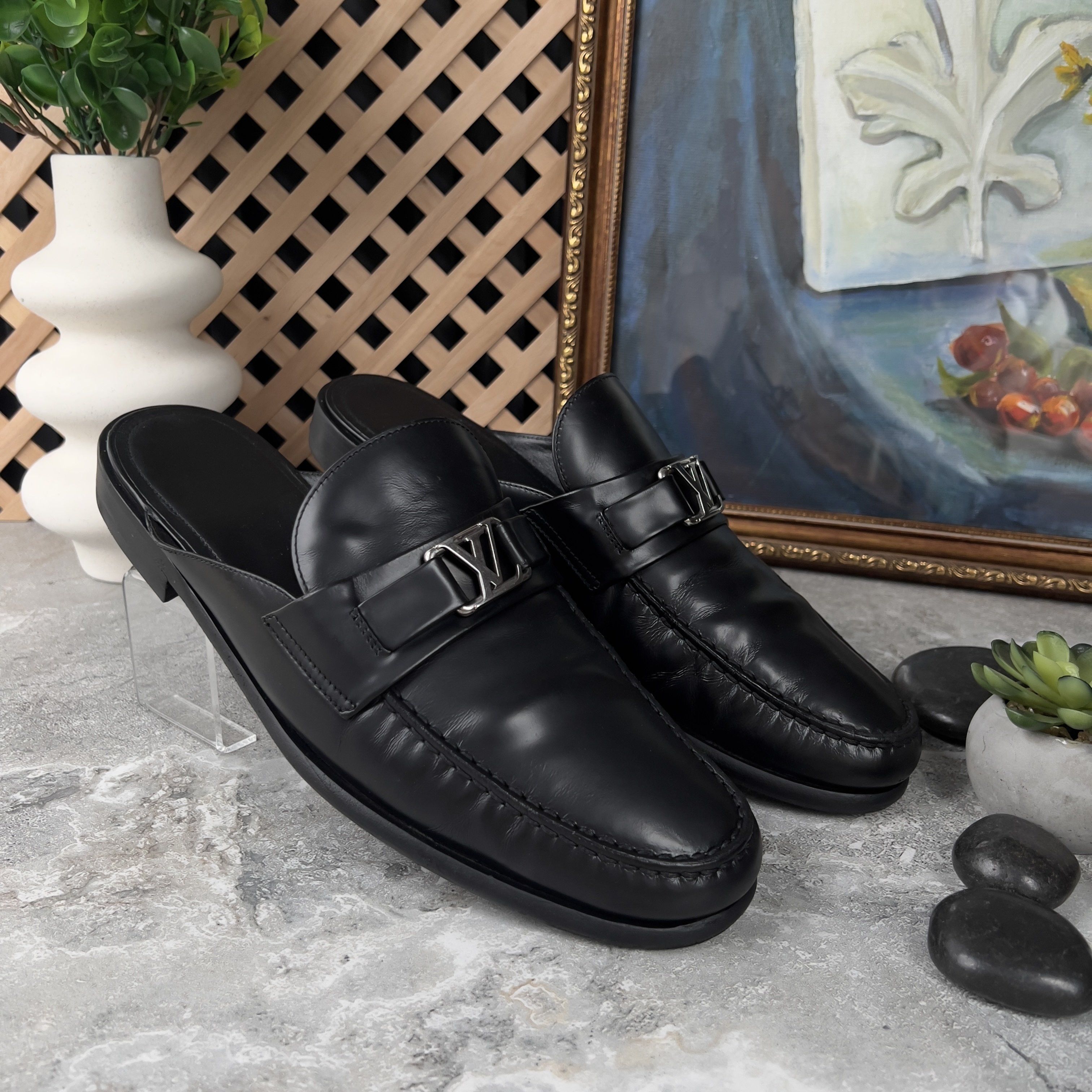 Louis Vuitton Major Open Back Loafers Mules Black Glazed Leather Size US 10 / EU 43 - 3 Thumbnail