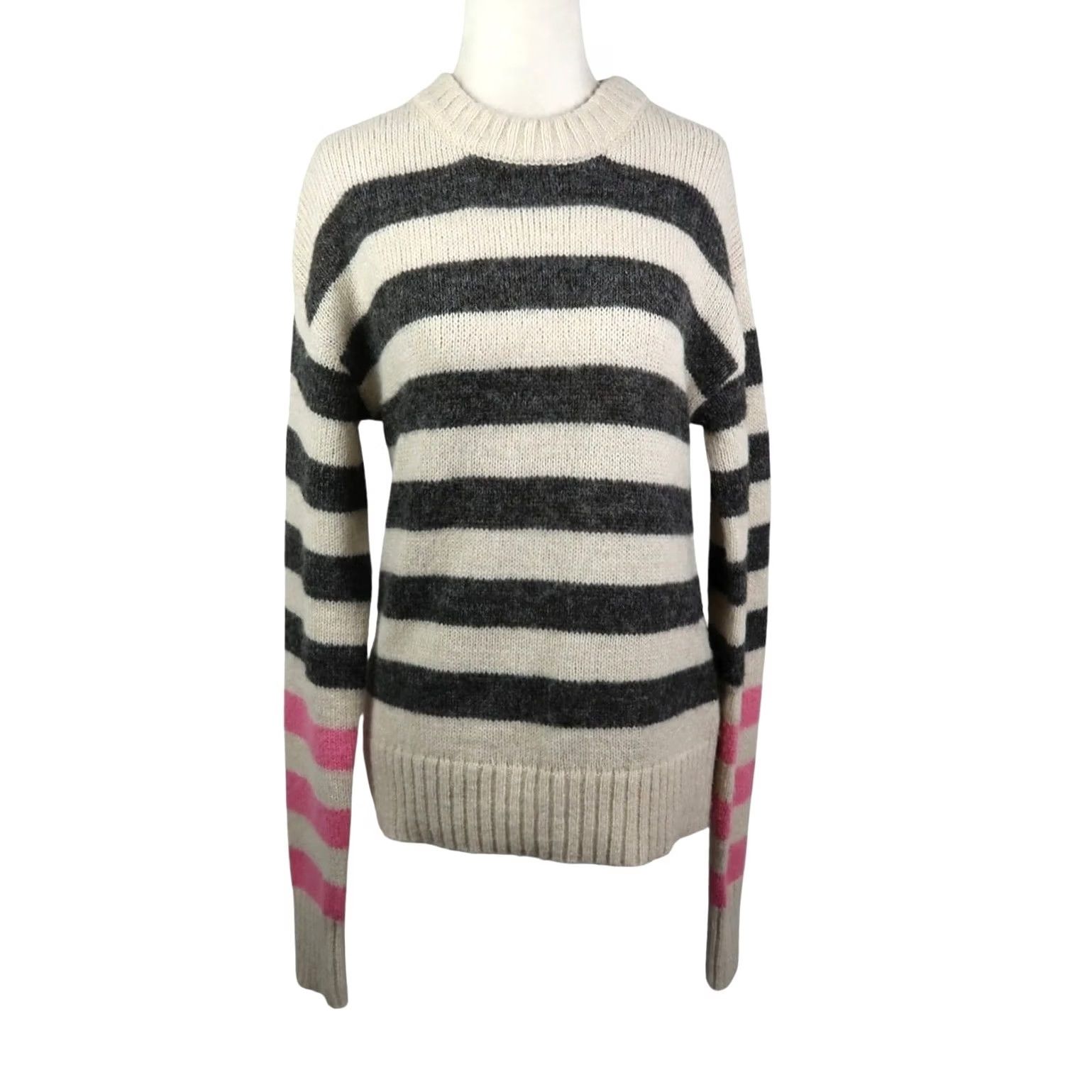 French Connection French Connection Sweater XS Crew Neck Wool Knit Striped Cream Grey Pullover Women Size XS / US 0-2 / IT 36-38 - 2 Thumbnail