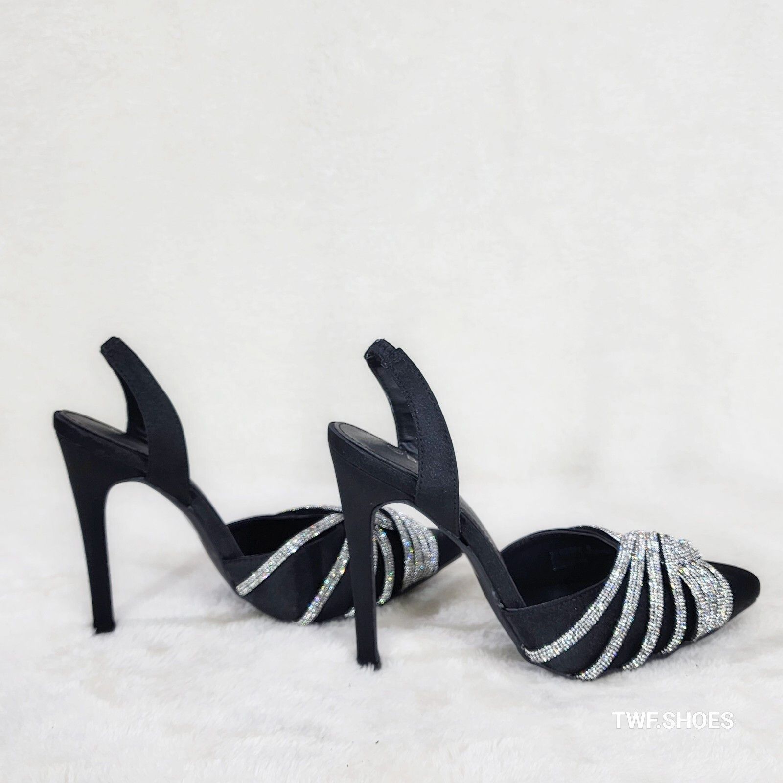 Other Elegance Slip on Slingback Black Satin Rhinestone Pointy Toe Size US 6.5 / IT 36.5 - 6 Thumbnail
