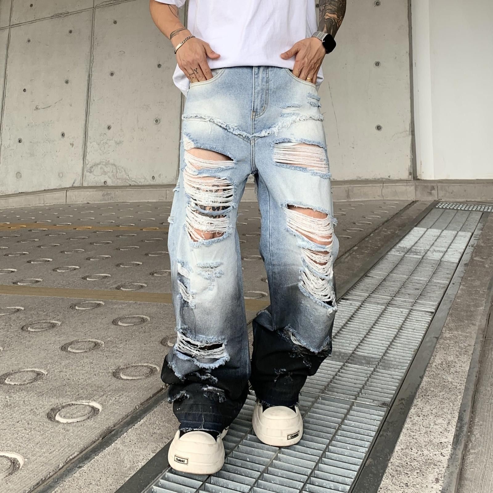Japanese Brand Light Blue Distressed Baggy Wide Leg Jeans Size US 32 / EU 48 - 2 Thumbnail