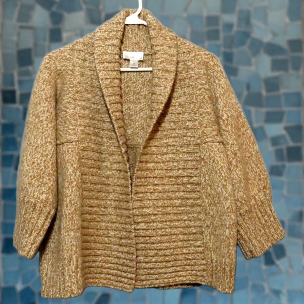 Loft VINTAGE LOFT Ann Taylor LOFT Women's M Cardigan Open Sweater Wool Blend Long Sleeve Tan Brown V-Neck 50% Wool/50% Acrylic Regular Womens Size M / US 6-8 / IT 42-44 - 1 Thumbnail