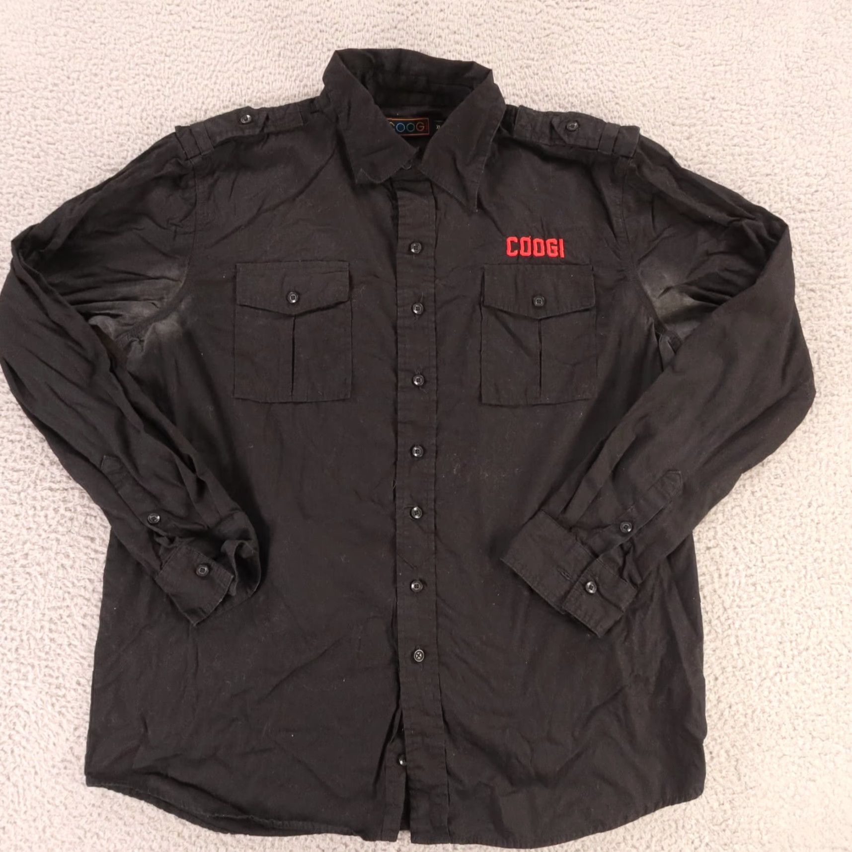 COOGI Shirt Mens Extra Large Black 100% Cotton Button Up Long Sleeve Felt Logo Mens