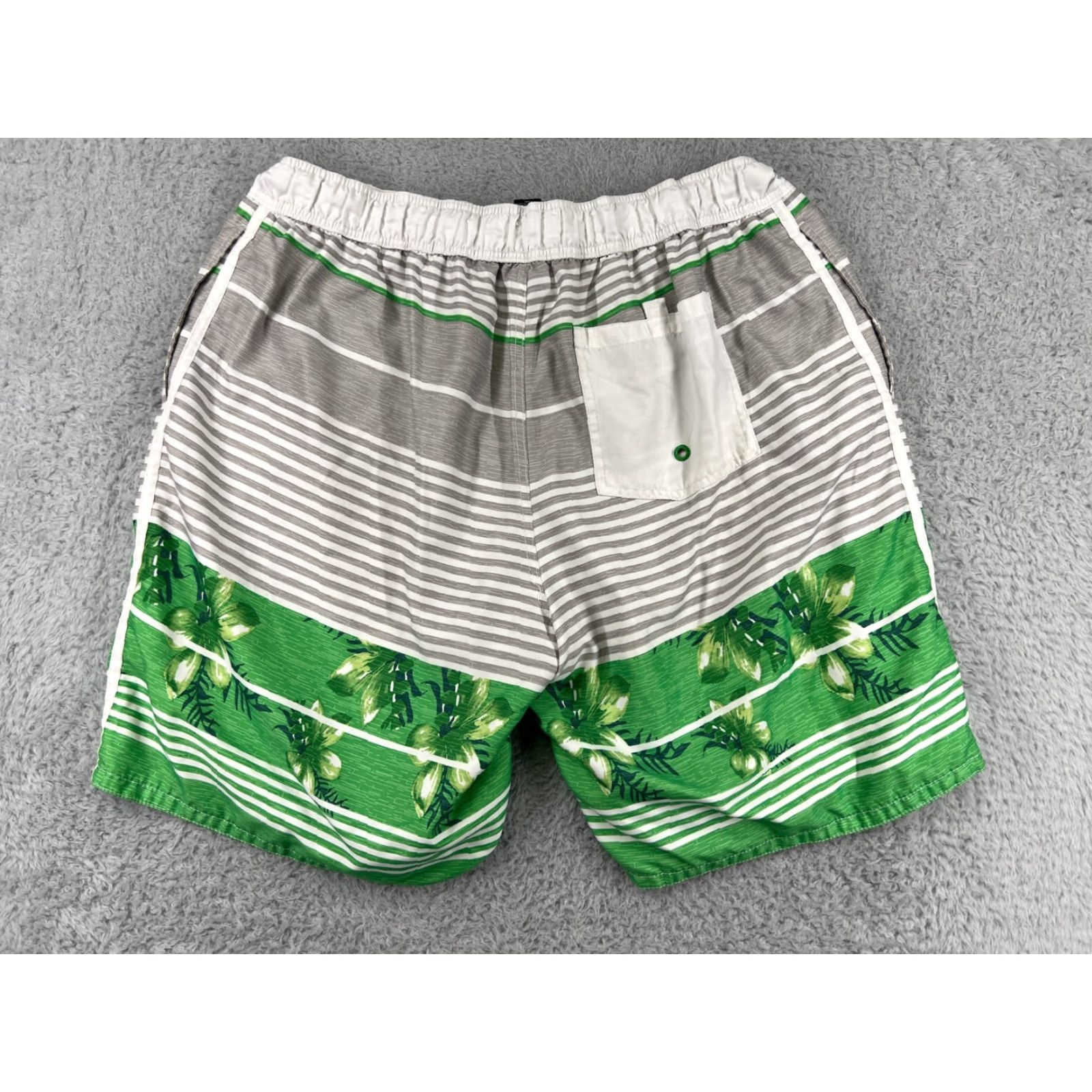 Ocean Pacific VINTAGE Ocean Pacific Swim Trunks Mens 2XL Gray Green Floral Striped Polyester Trunks, Built-In Brief, Pockets, Surf Beach Theme Mens Size US 39 - 2 Thumbnail