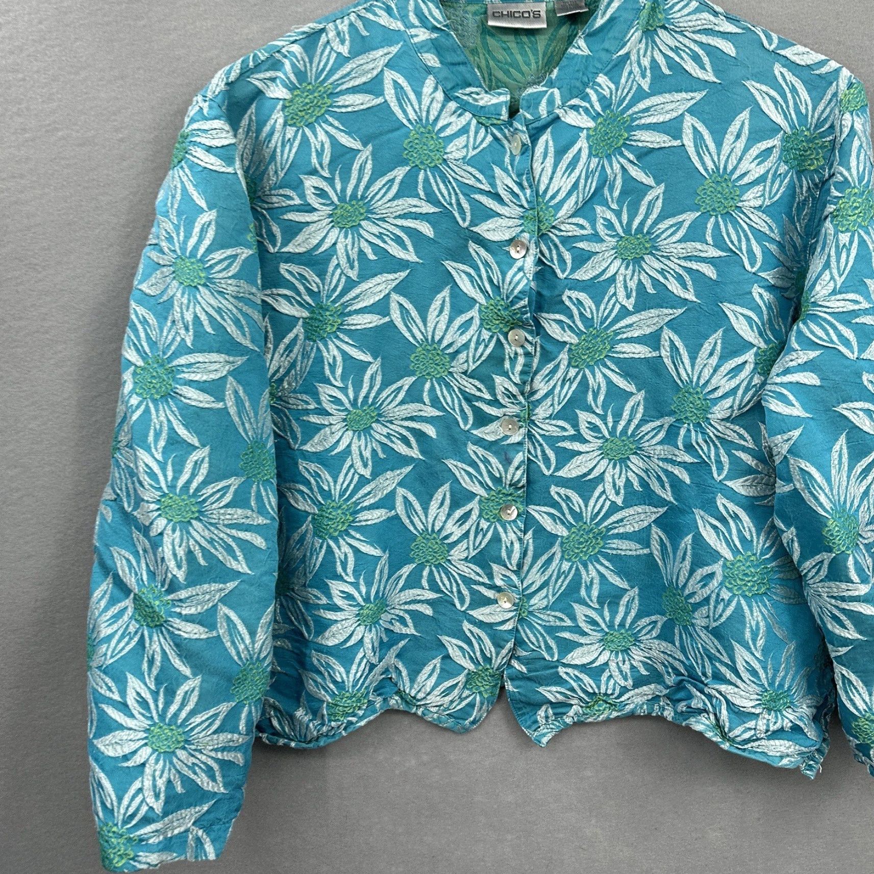 Vintage Chicos Blouse Women Large Blue Silk Blend Floral Button Down Embroidered Cottagecore READ Size L / US 10 / IT 46 - 4 Thumbnail