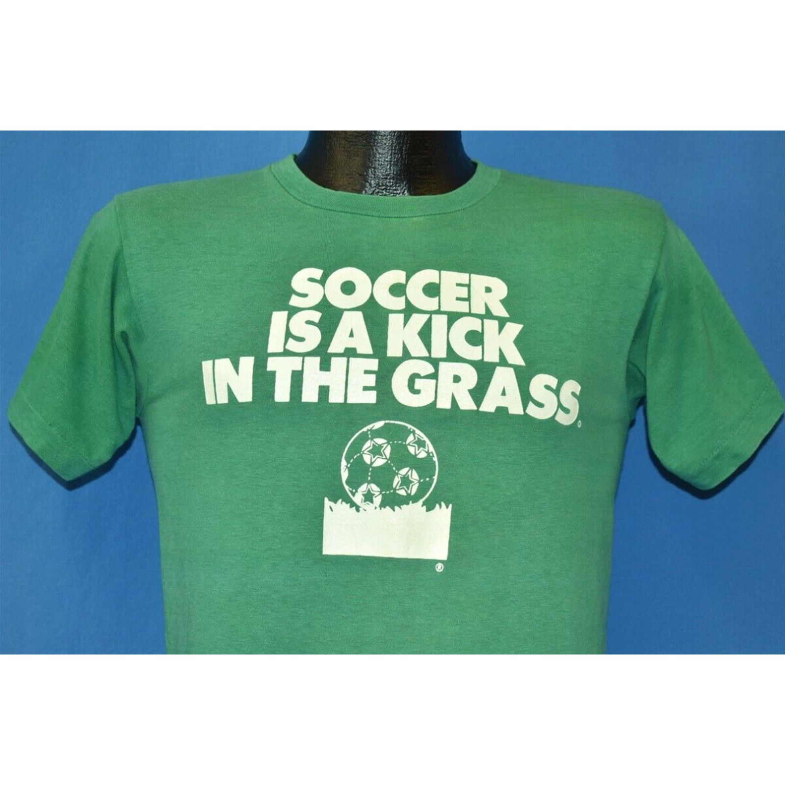 image of Vintage 70's Soccer Is A Kick In The Grass 1 Jock Champion Blue Bar T-Shirt S in White (Size Small)