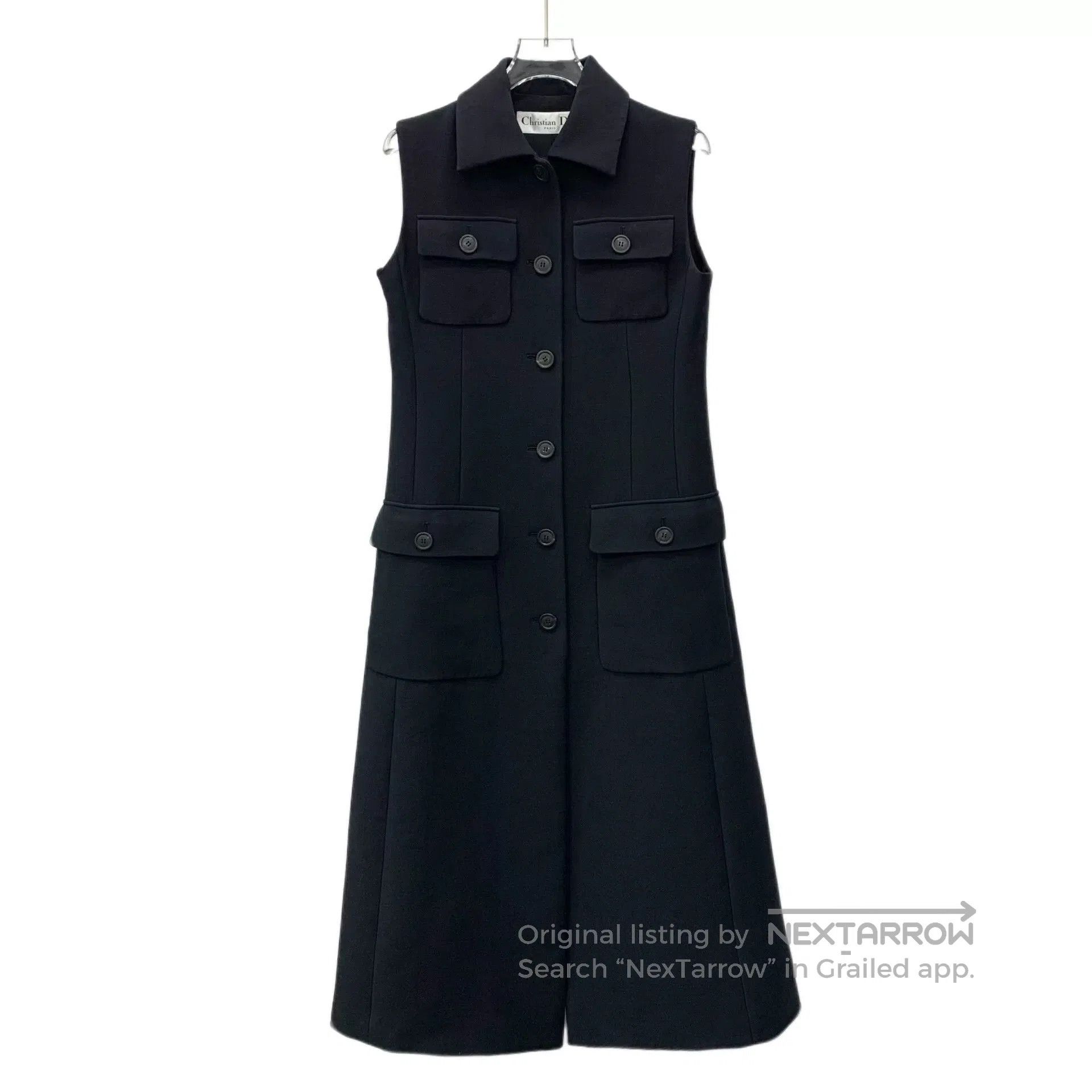 black wool sleeveless button-up dress by dior.