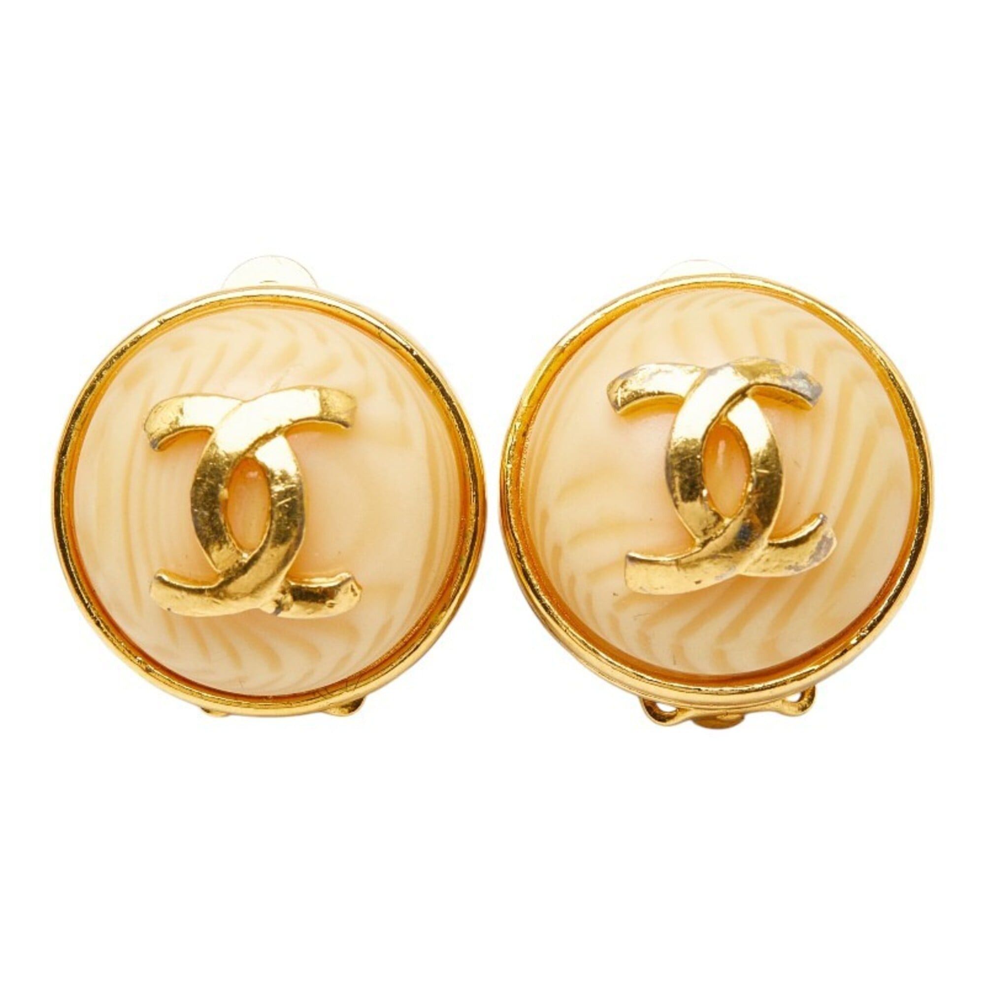 Chanel Chanel Coco Mark Round Circle Vintage Earrings, Gold Beige Plated Resin, Women's CHANEL Size ONE SIZE - 1 Thumbnail