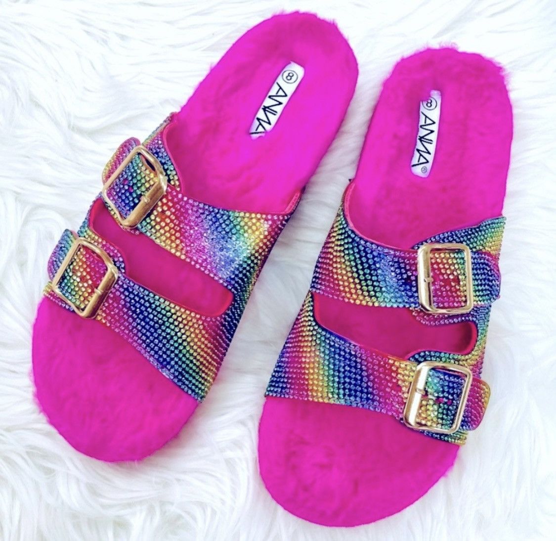 Other NIB PINK FUR RHINESTONE DOUBLE BUCKLE SANDALS SZ 9 Size US 9 / IT 39 - 1 Thumbnail