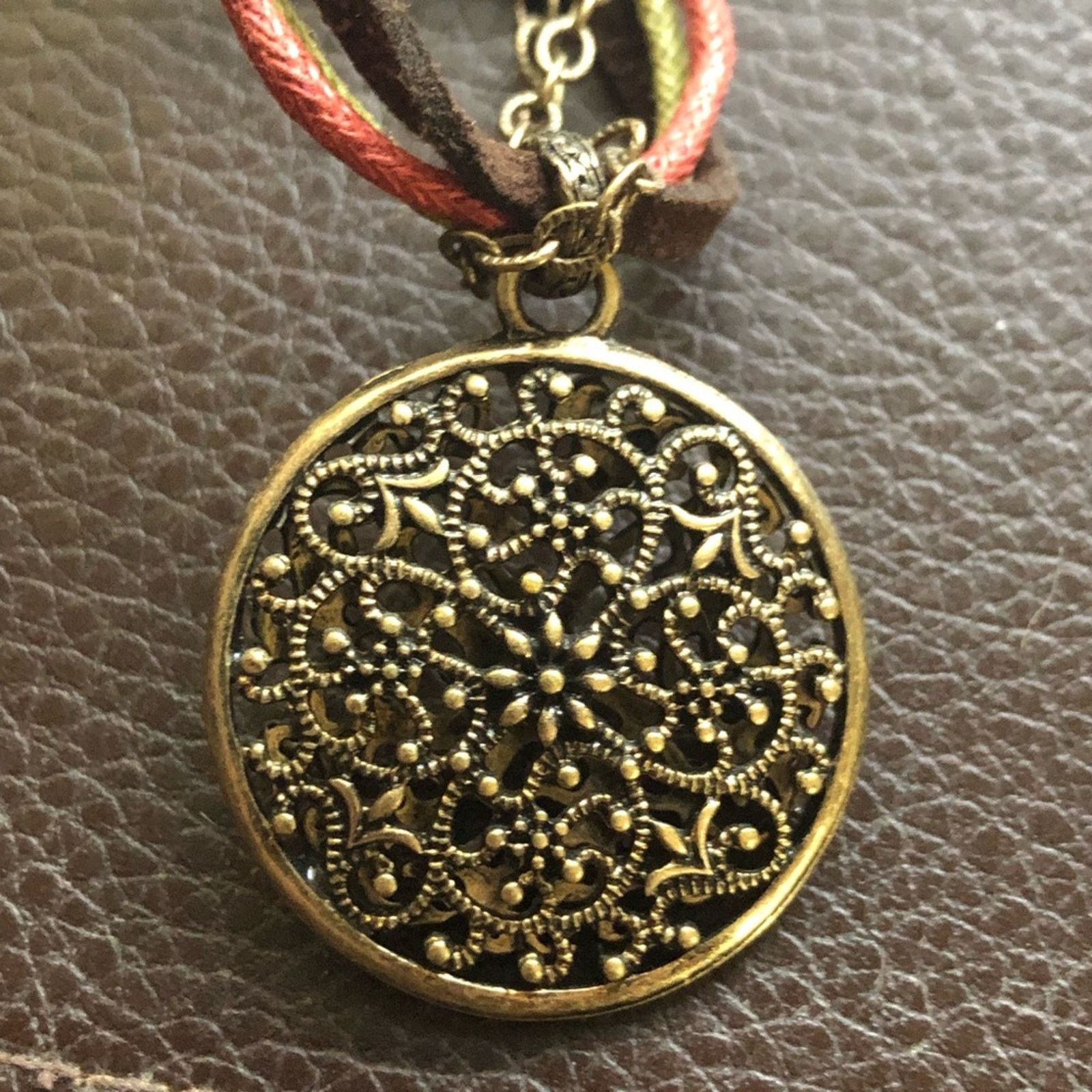 Jewelry Brass filigree pendant multi strand cord chain necklace Size ONE SIZE - 8 Thumbnail