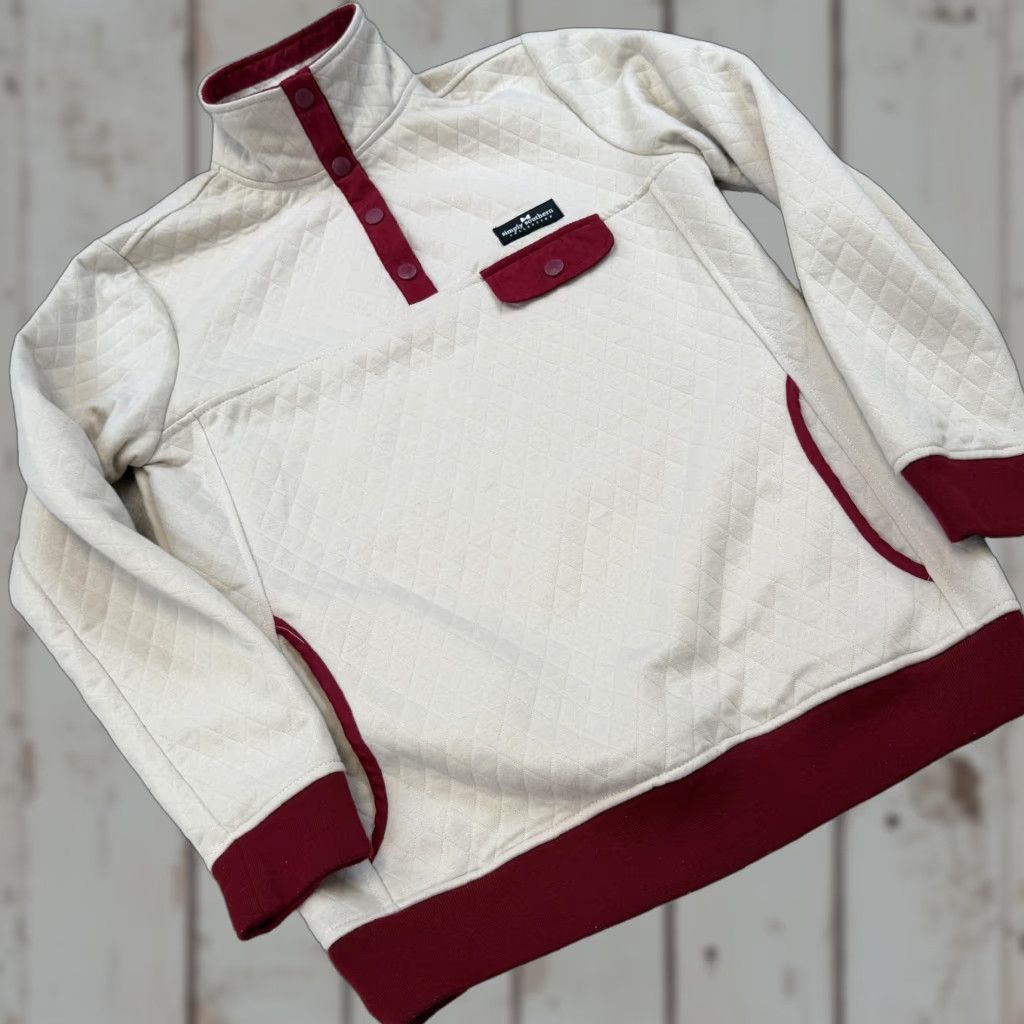 Vintage Simply Southern Pullover Womens Small White Burgundy Quilted Snap Sweatshirt Size S / US 4 / IT 40 - 1 Thumbnail