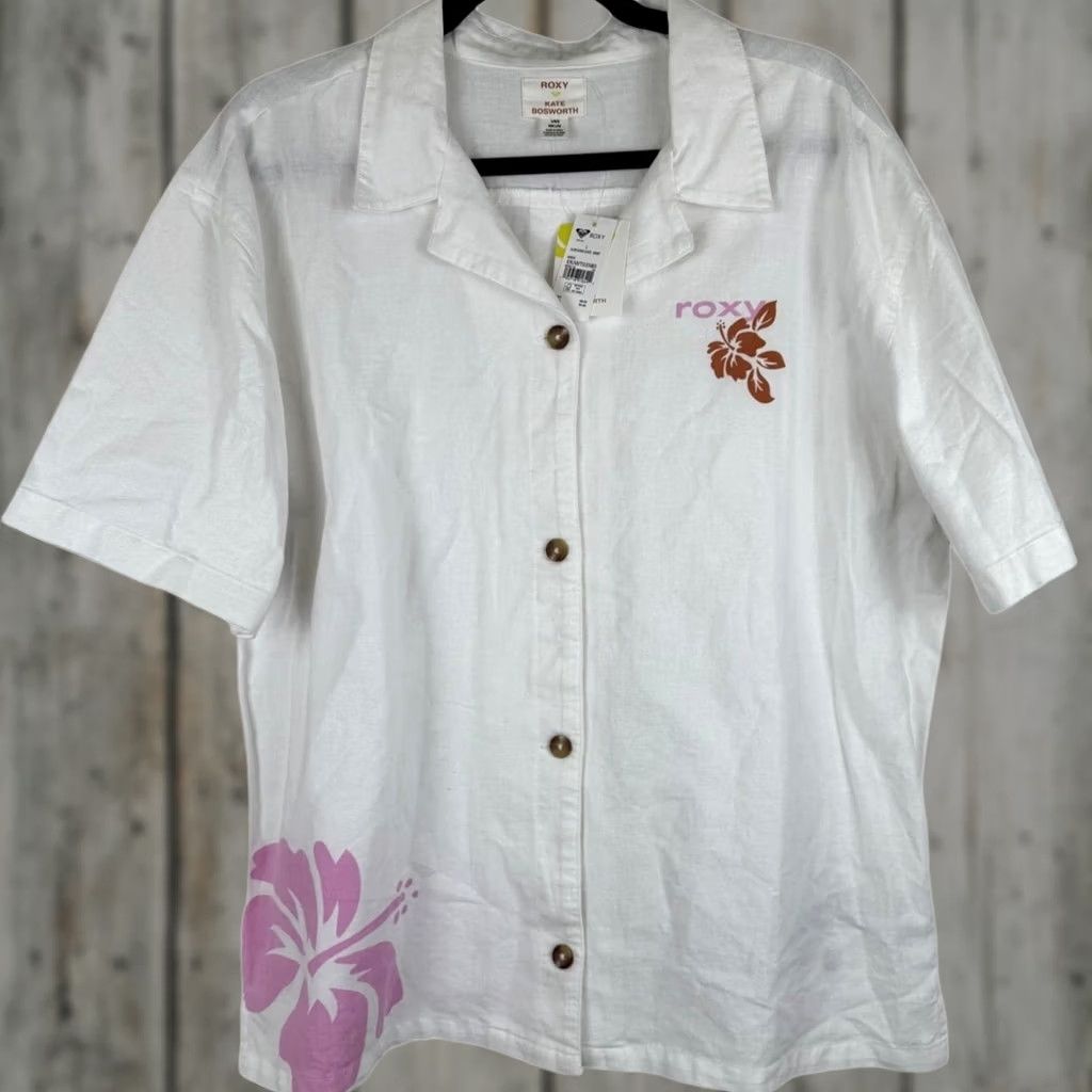 Vintage ROXY x Kate Bosworth Cotton Blend Button-Up Shirt - White - L - Women - Short Sleeve - NWT Size 36" / US 14 / IT 50 - 1 Thumbnail