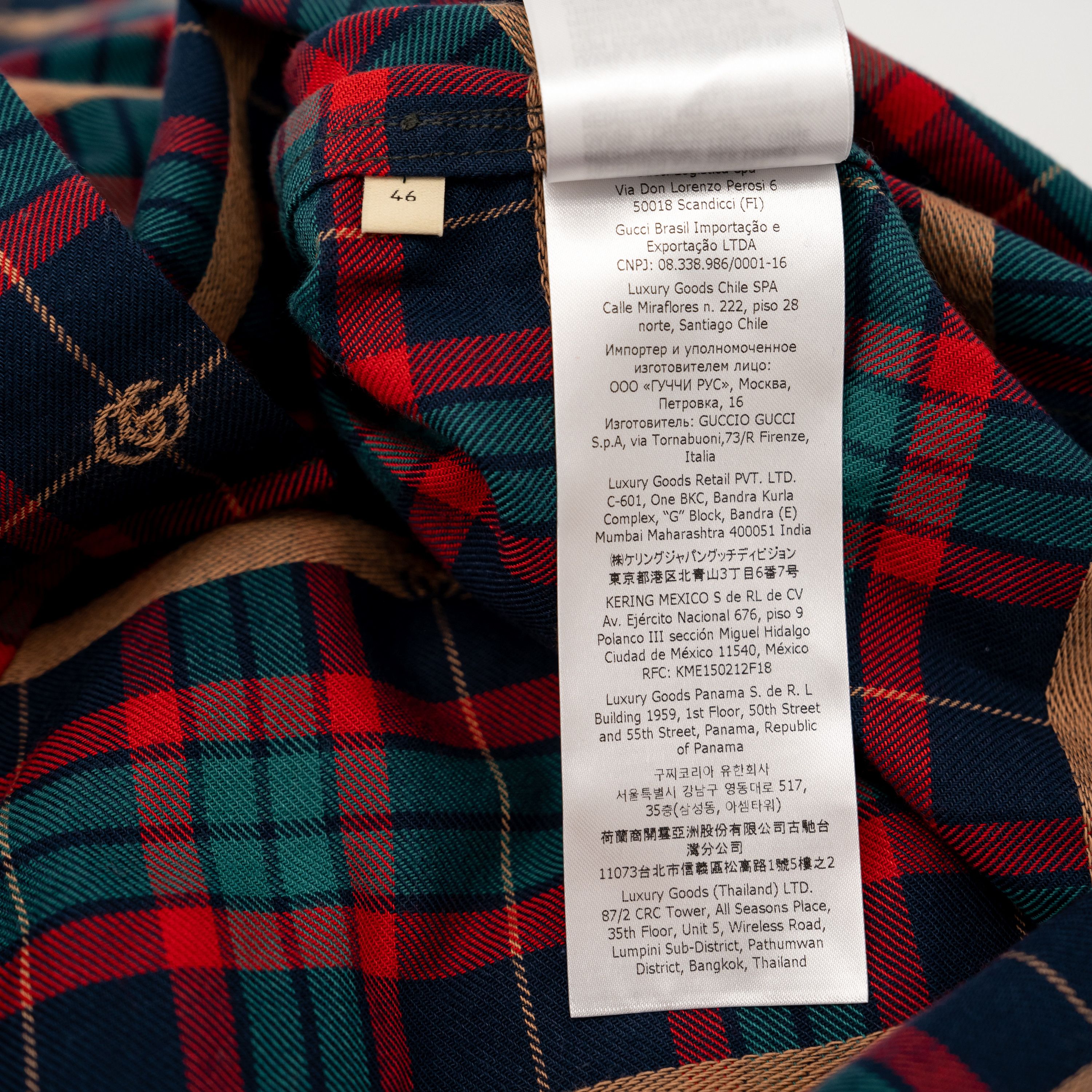 46 S Gucci Tartan GG Plaid Long Sleeve Shirt Green Blue