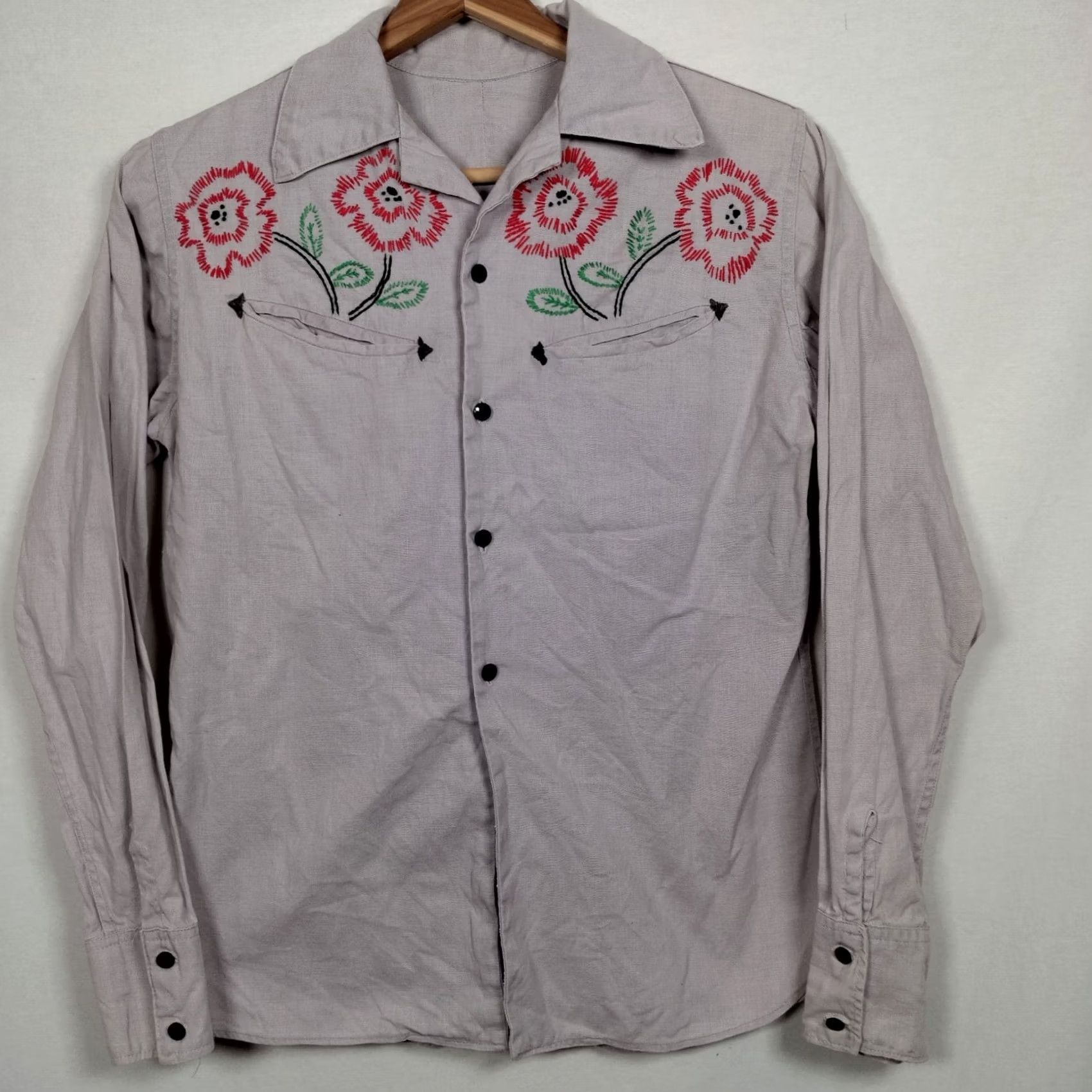 Vintage VINTAGE Handmade Shirt Womens S Gray Hand Embroidered Western Women Linen Rodeo Red Poppy Size S / US 4 / IT 40 - 3 Thumbnail