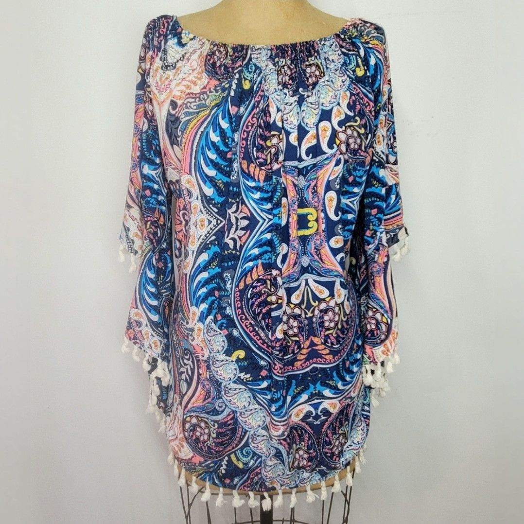 Other Umgee Sze M/L Dress Oversized Smocked Rainbow Paisley Fringe Size M / US 6-8 / IT 42-44 - 3 Thumbnail