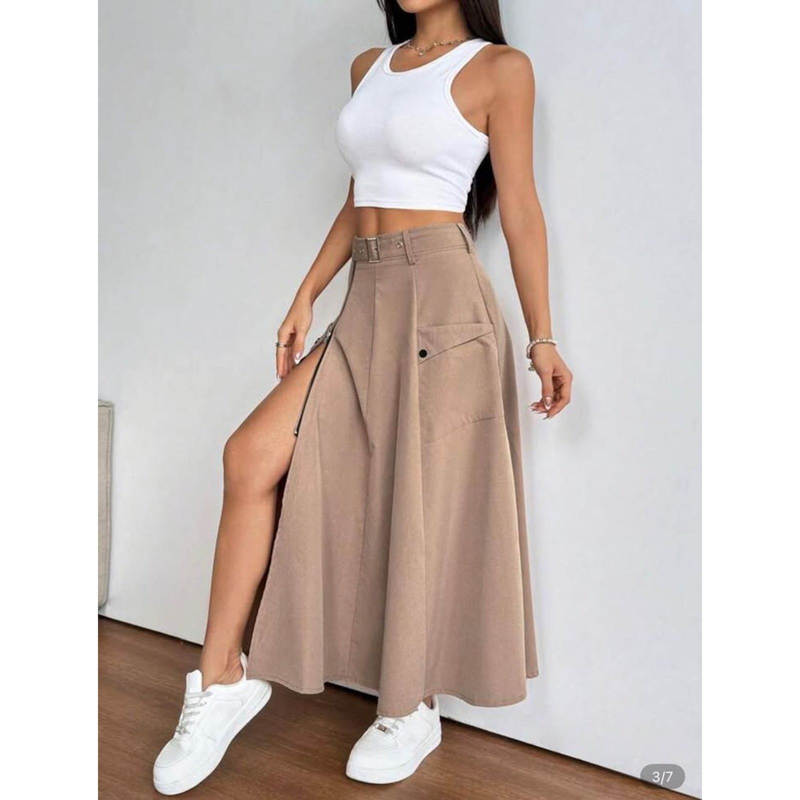 Other New Khaki Minimalist Long A-line skirt size S Size 26" / US 2 / IT 38 - 3 Thumbnail