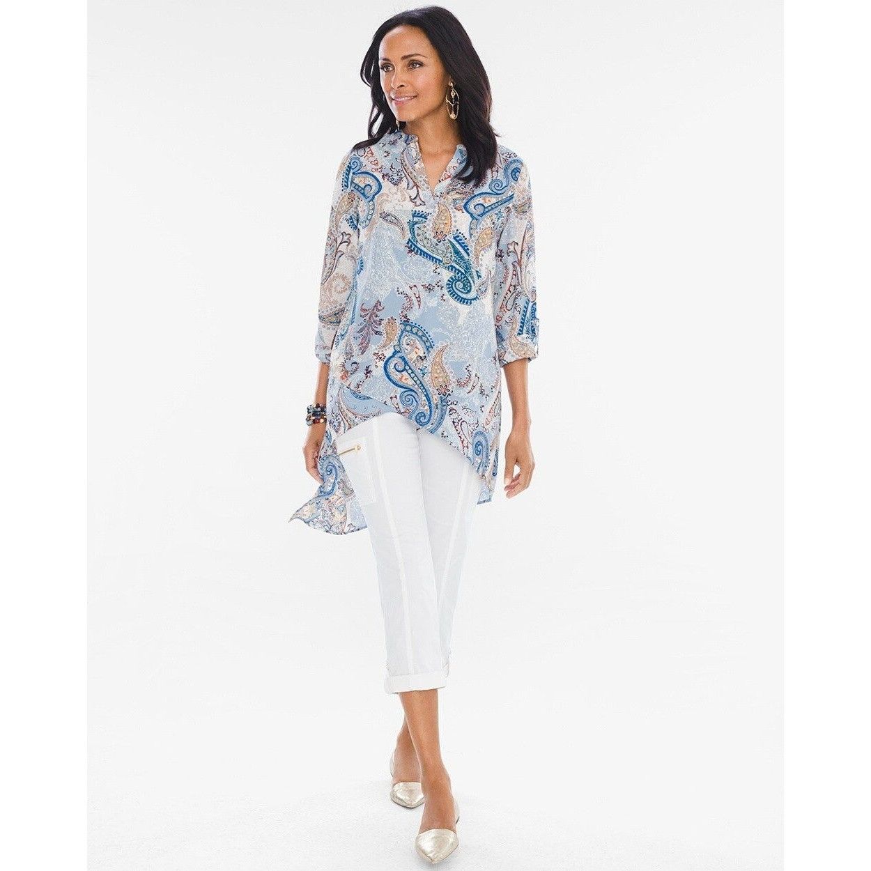 Chicos Chicos Womens Paisley Layered Tunic Top Medium Blue Beige Size M / US 6-8 / IT 42-44 - 3 Thumbnail