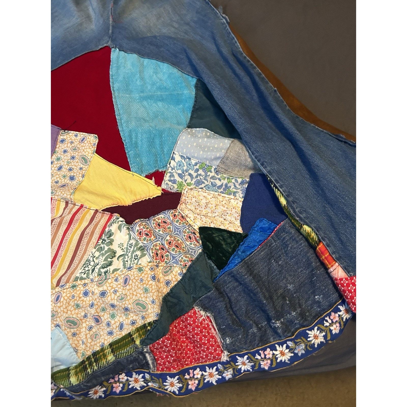 Other Vintage Homemade Denim Leather Velvet Quilted Sewn Skirt Size 26" / US 2 / IT 38 - 8 Thumbnail