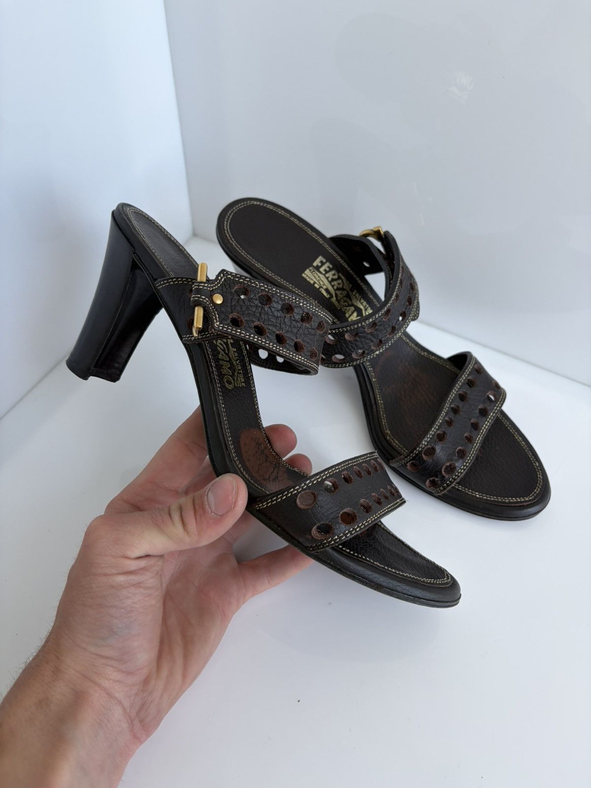 Salvatore Ferragamo Vintage Salvatore Ferragamo Perforated Leather Sandal Heels Size US 10 / IT 40 - 2 Thumbnail
